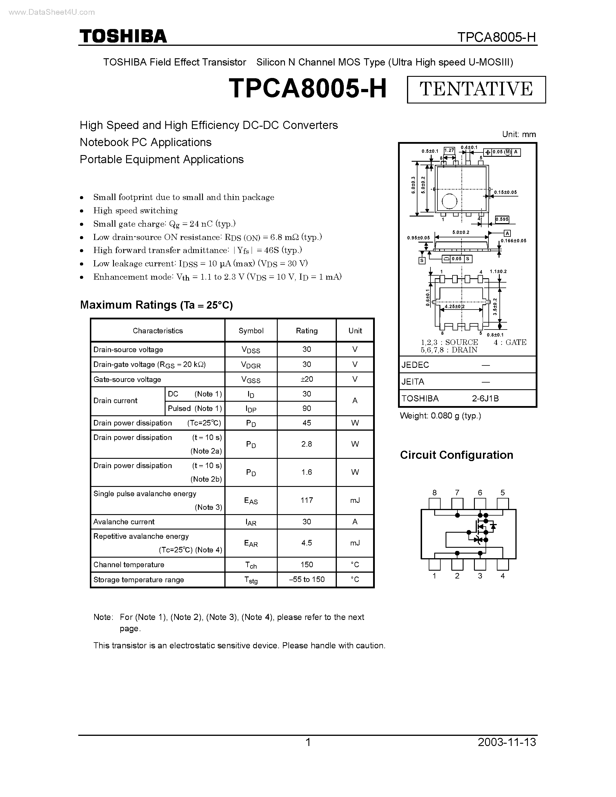 Даташит TPCA8005-H - Silicon N Channel MOS Type страница 1