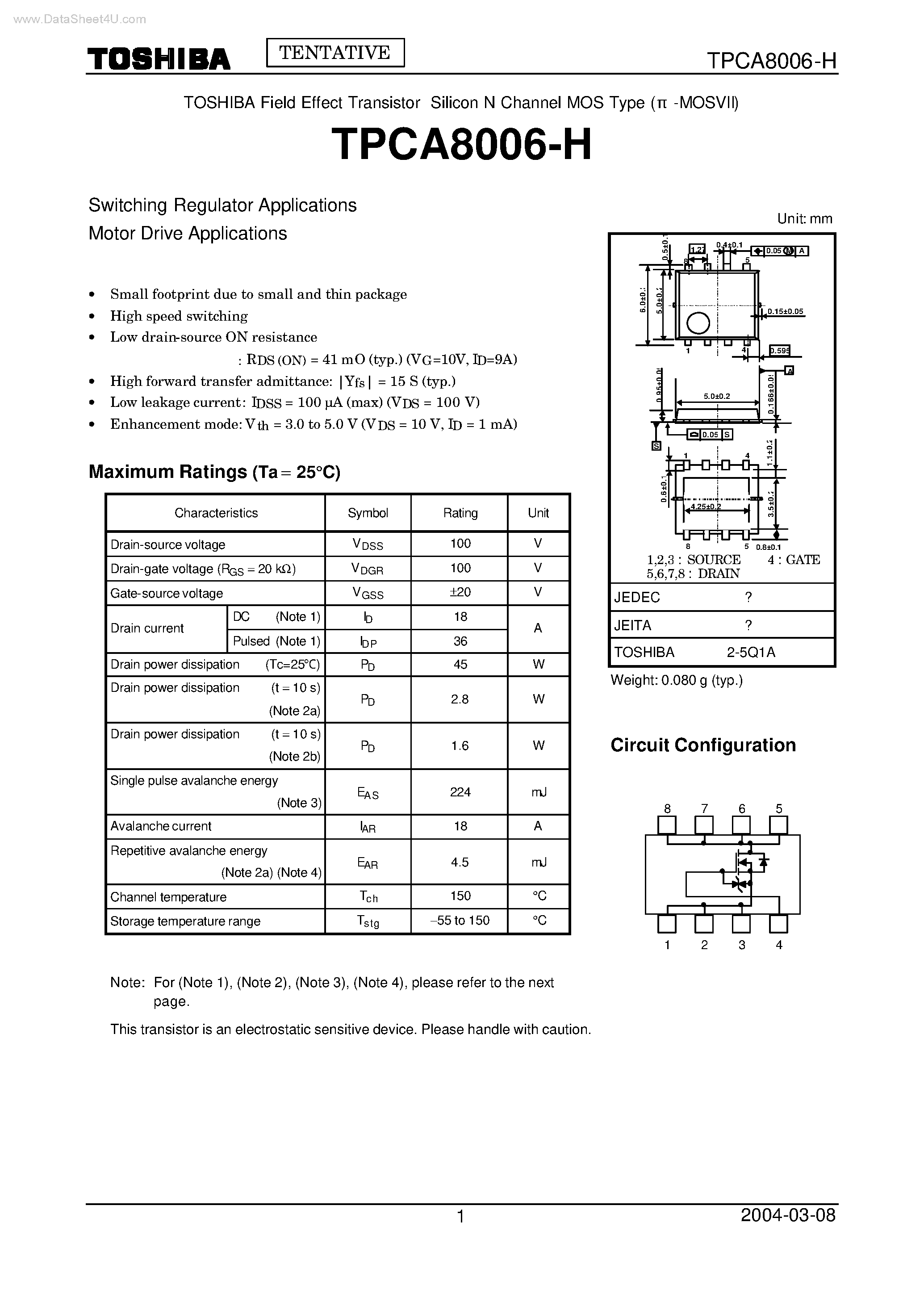 Даташит TPCA8006-H - TOSHIBA Field Effect Transistor Silicon N Channel MOS Type страница 1