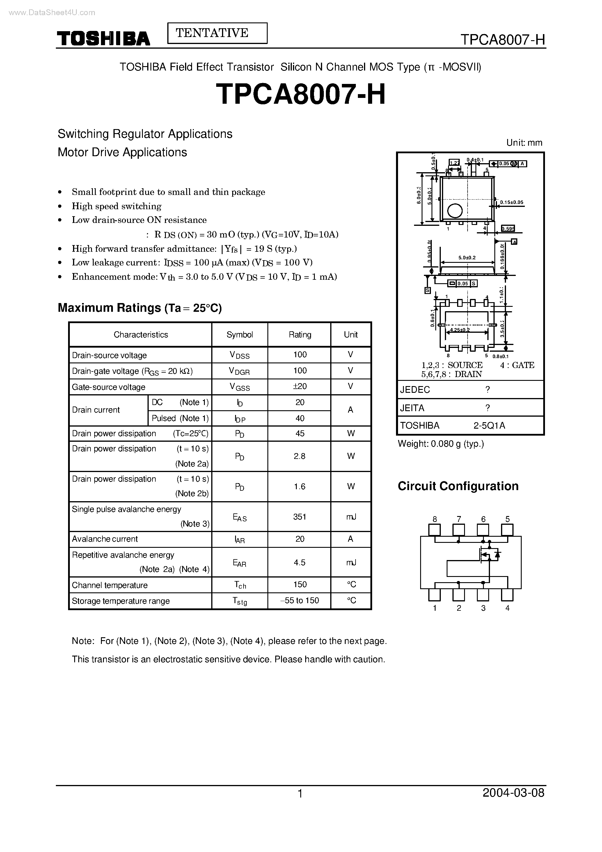 Даташит TPCA8007-H - Switching Regulator Applications страница 1