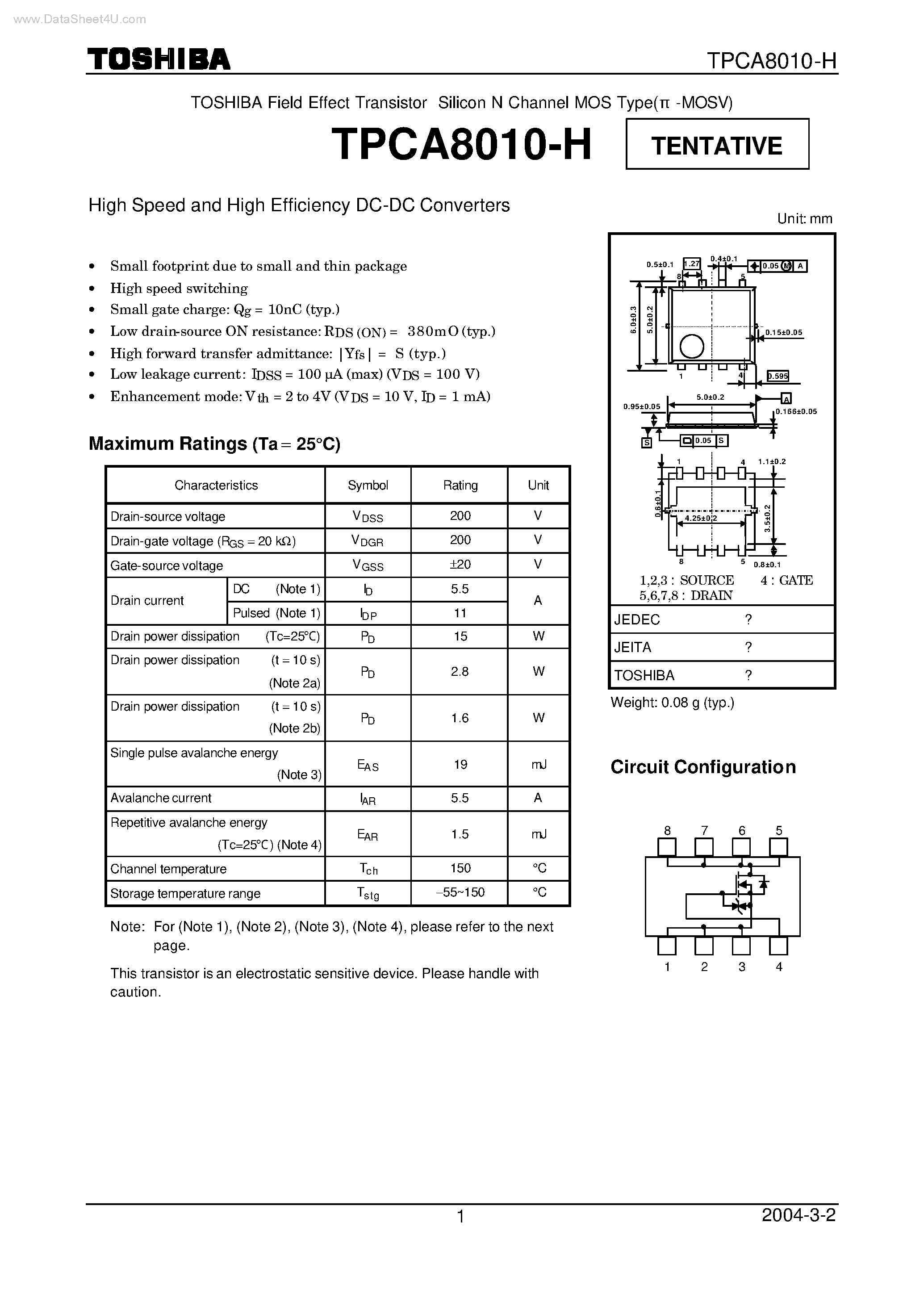 Даташит TPCA8010-H - High Speed and High Efficiency DC-DC Converters страница 1