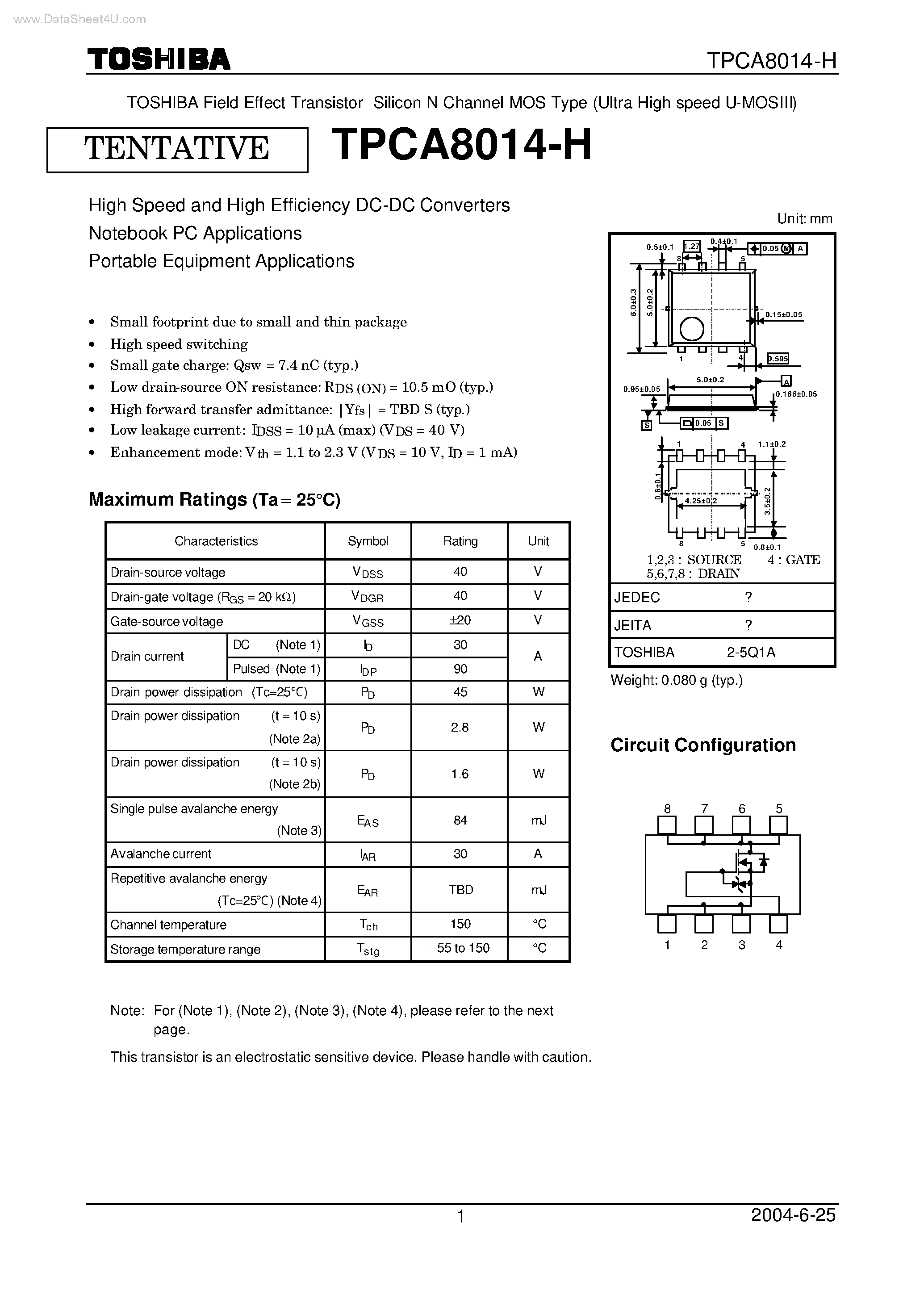 Даташит TPCA8014-H - TOSHIBA Field Effect Transistor Silicon N Channel MOS Type страница 1