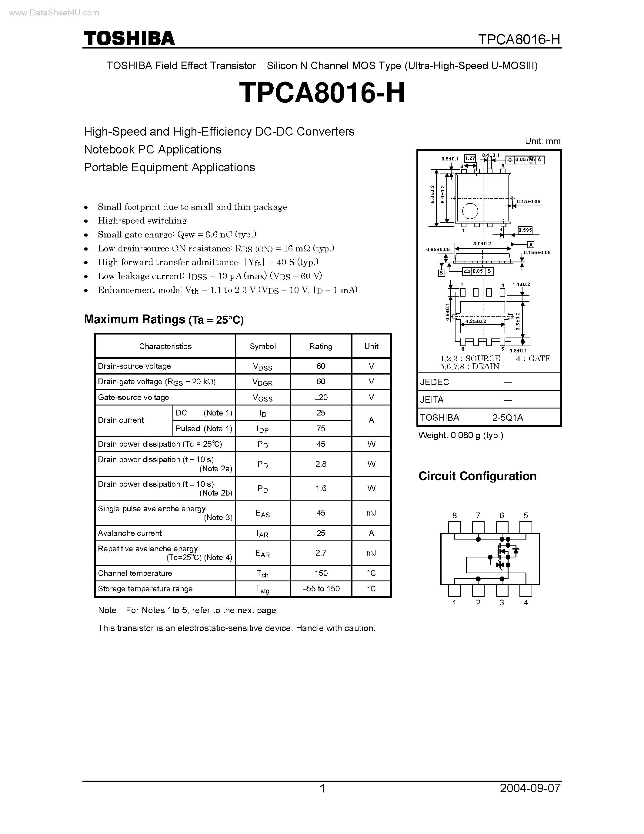 Даташит TPCA8016-H - High-Speed and High-Efficiency DC-DC Converters страница 1