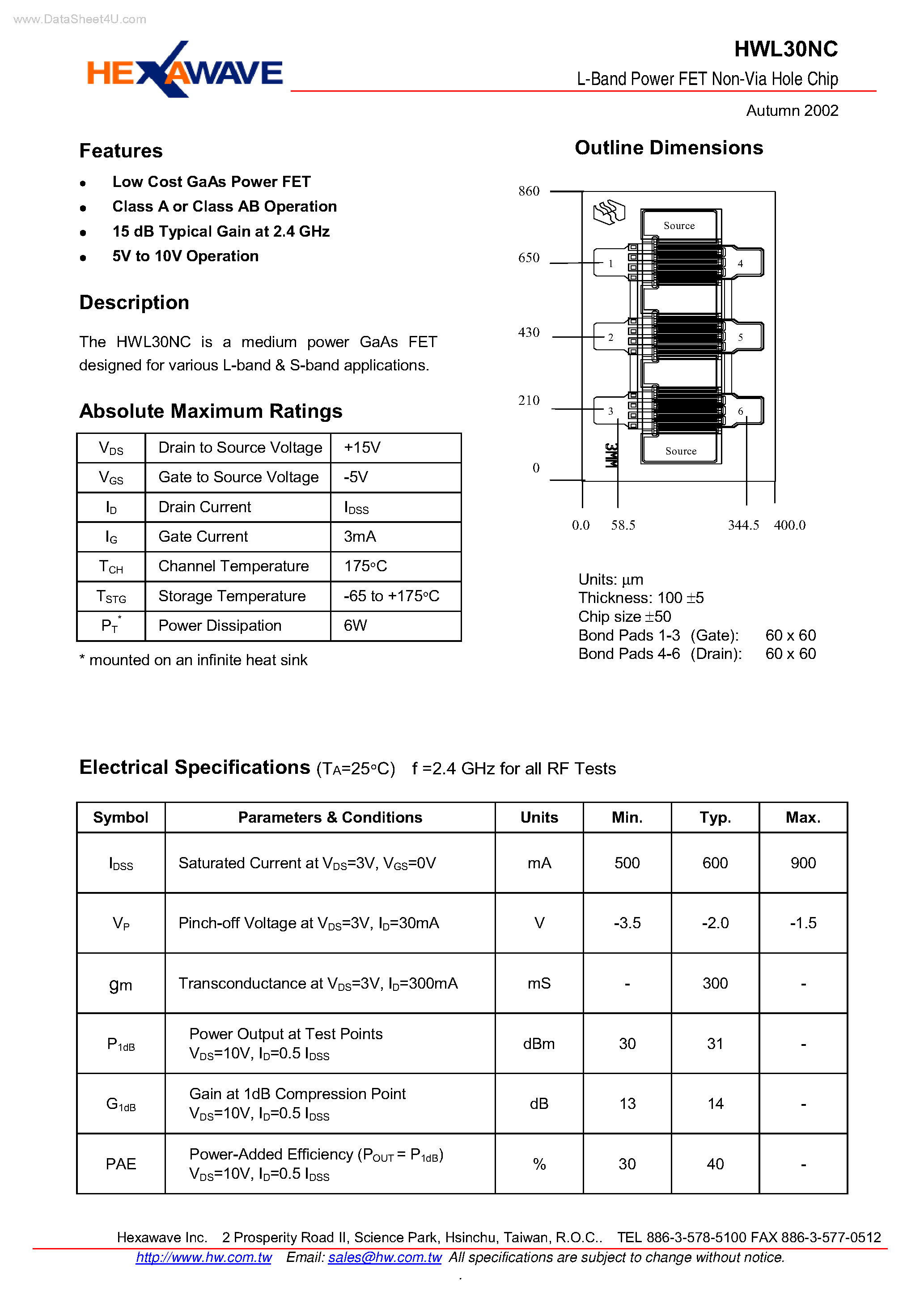 Datasheet HWL30NC - L-Band Power FET Non-Via Hole Chip page 1