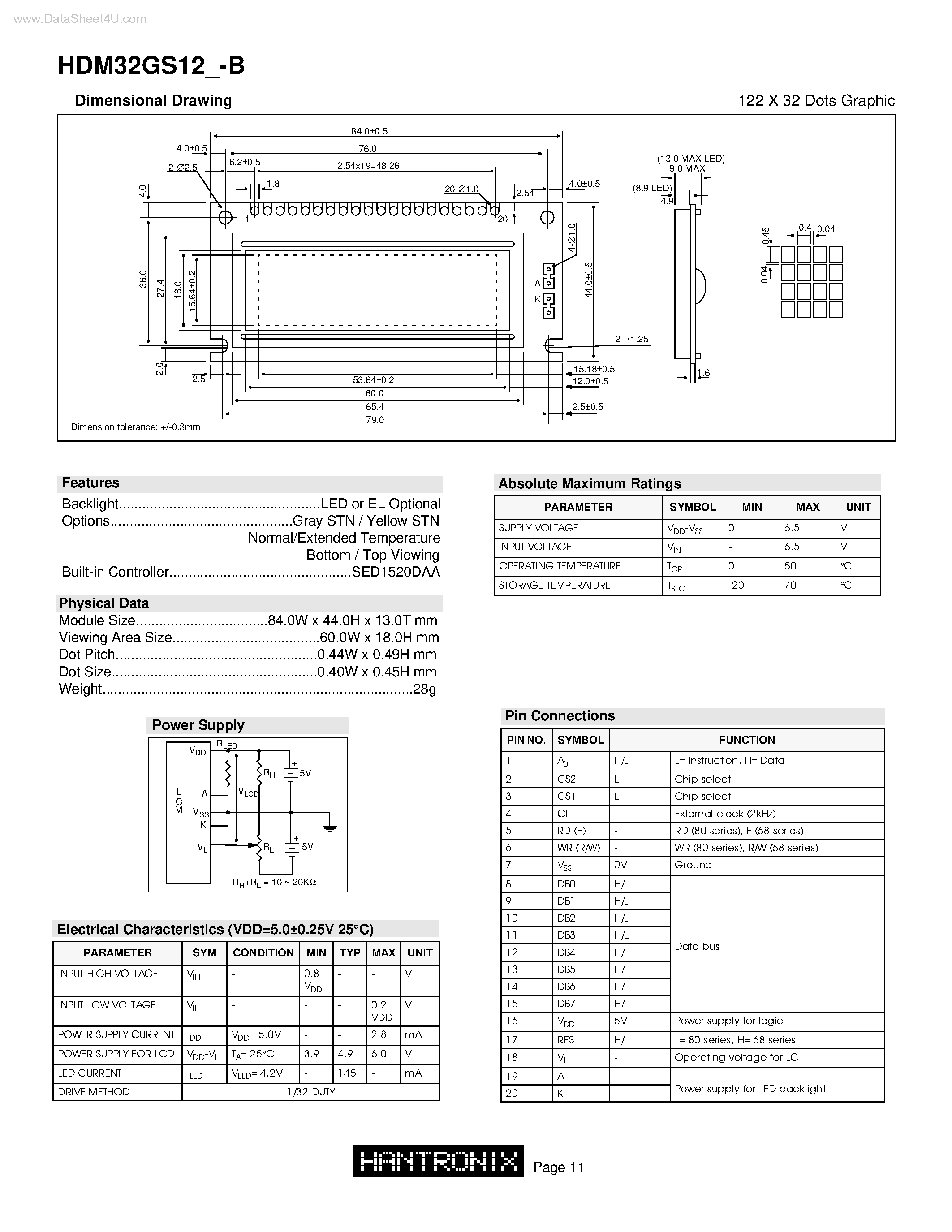 Datasheet HDM32GS12-B - 122 X 32 Dots Graphic page 1