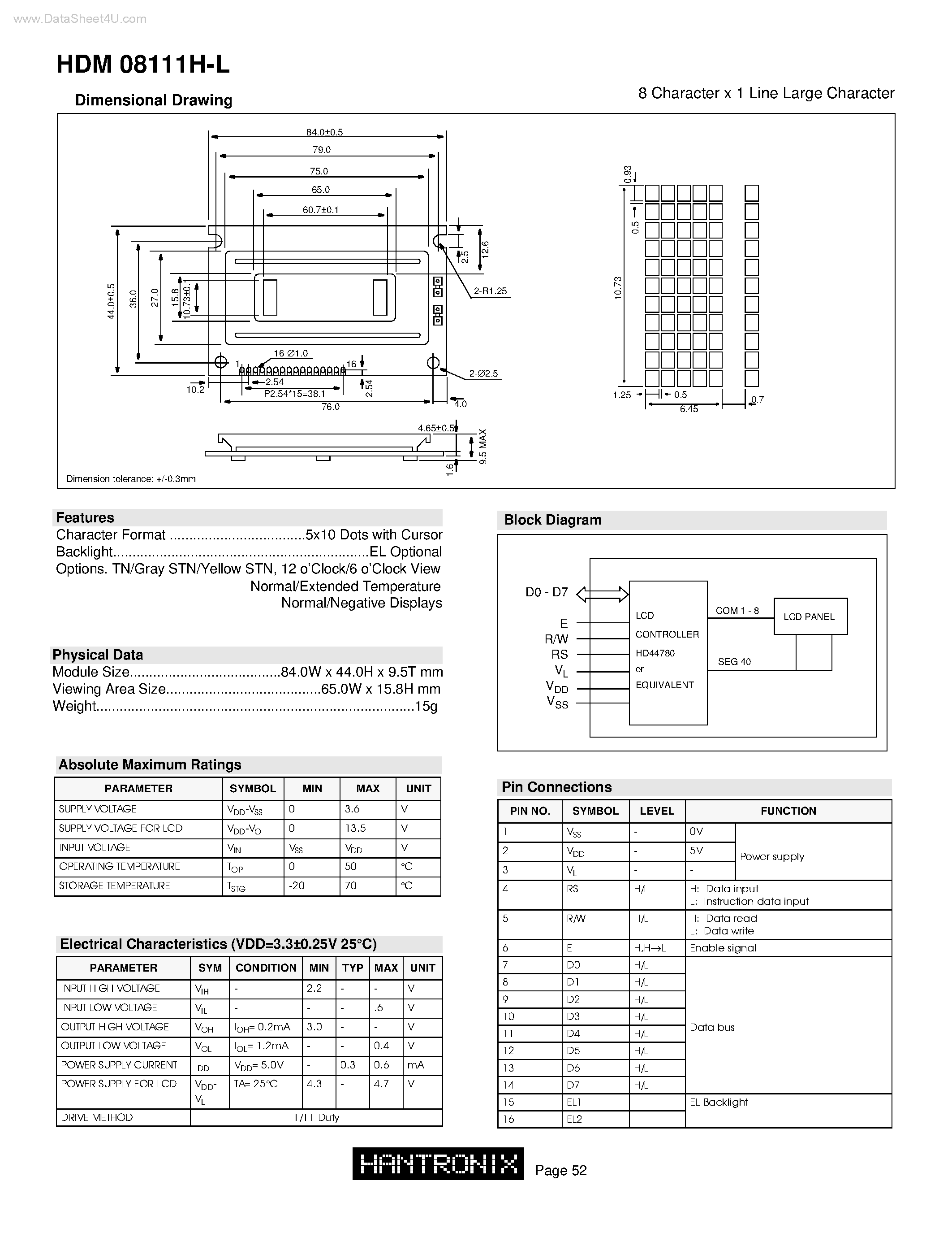 Datasheet HDM08111H-L - 8 Character x 1 Line Large Character page 1