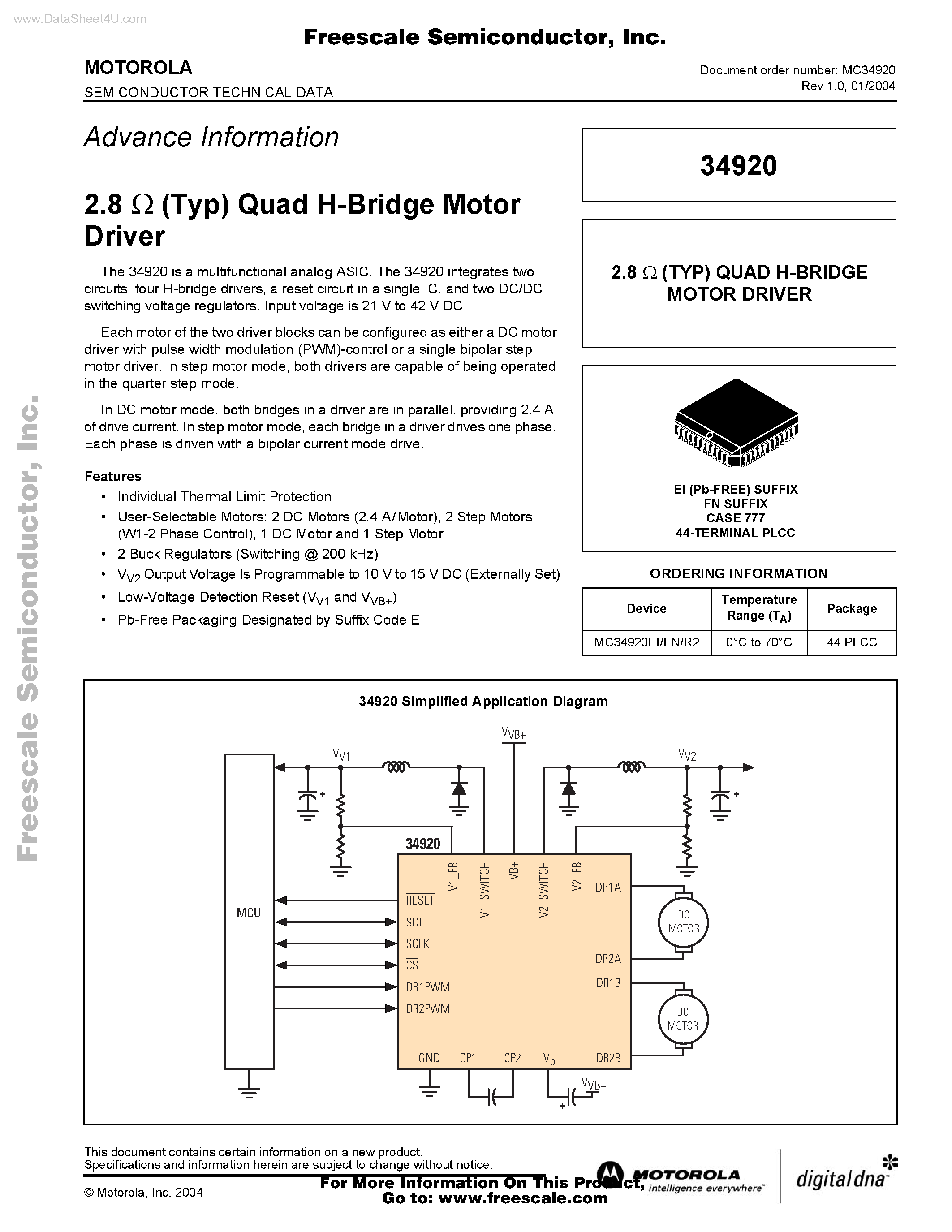 Даташит MC34920 - Quad H-Bridge Motor Driver страница 1