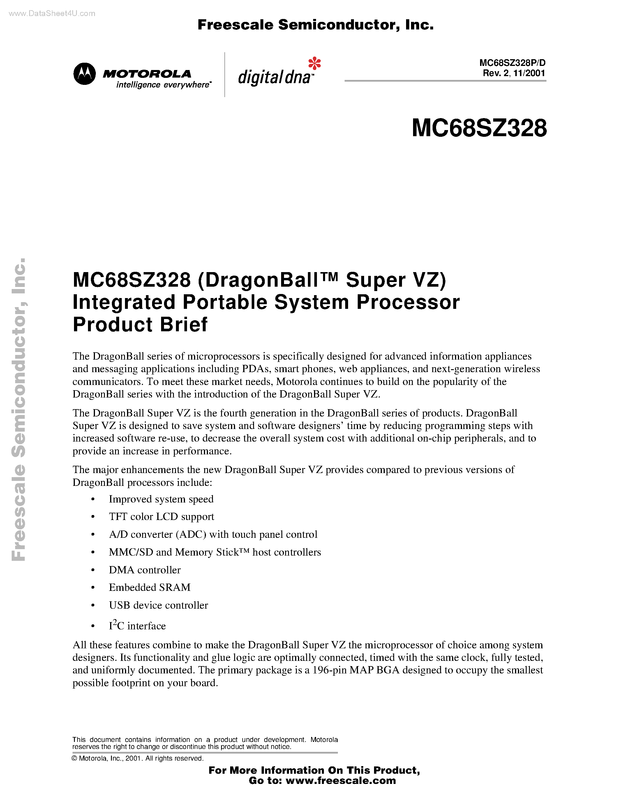 Datasheet MC68SZ328 - Integrated Portable System Processor Product Brief page 1