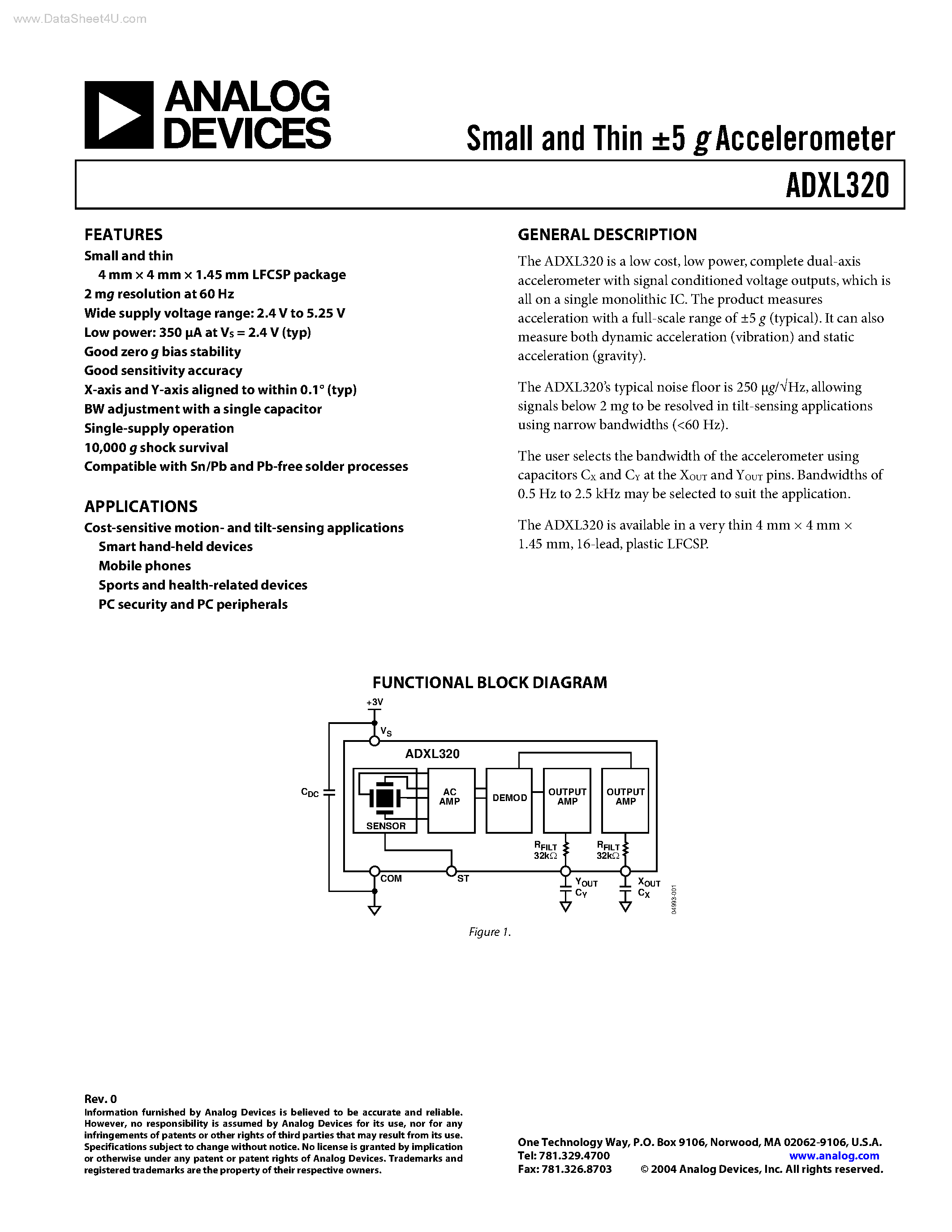 Даташит ADXL320 - Small and Thin 5 g Accelerometer страница 1