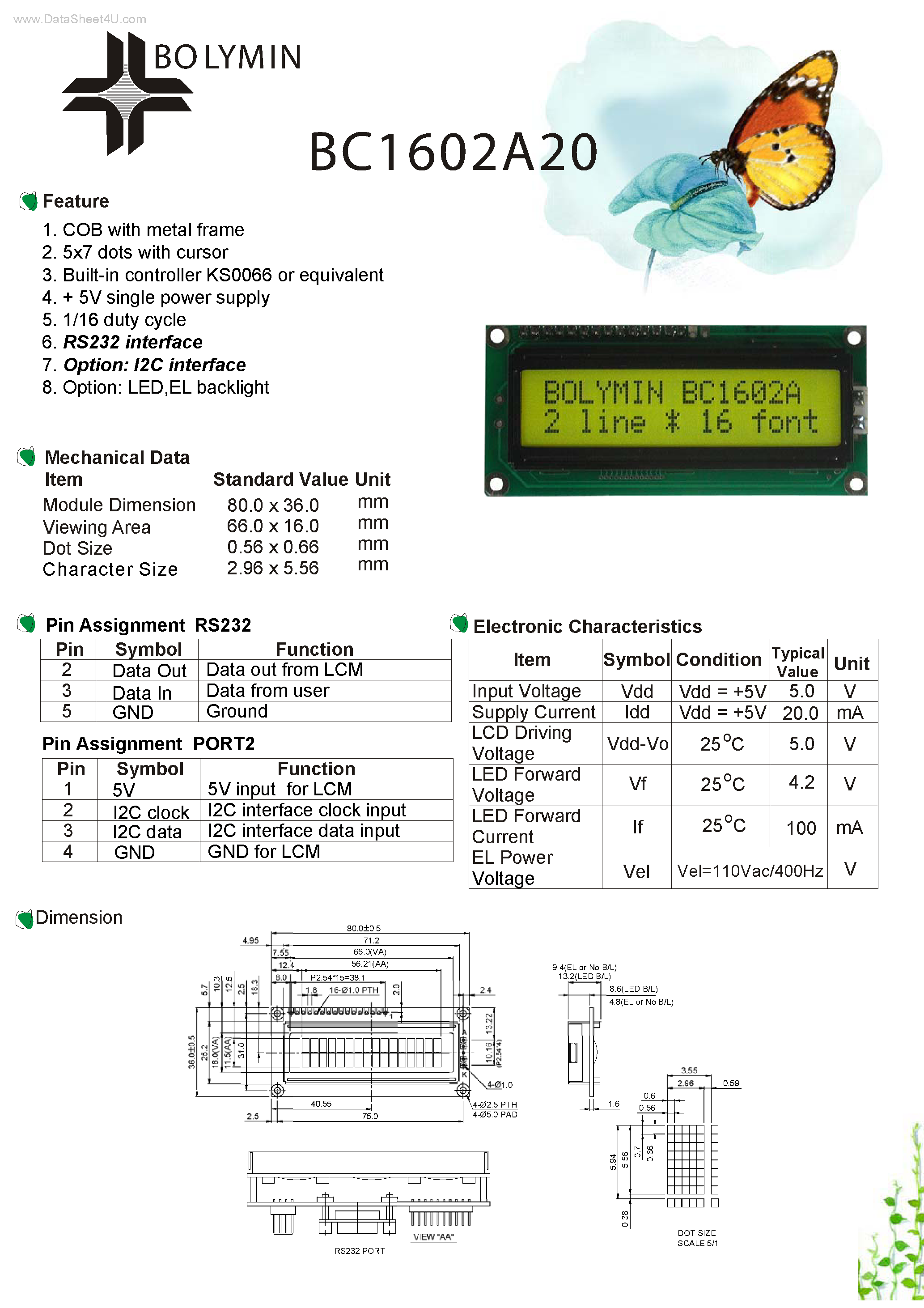 Datasheet BC1602A20 - Display 5x7 dots page 1