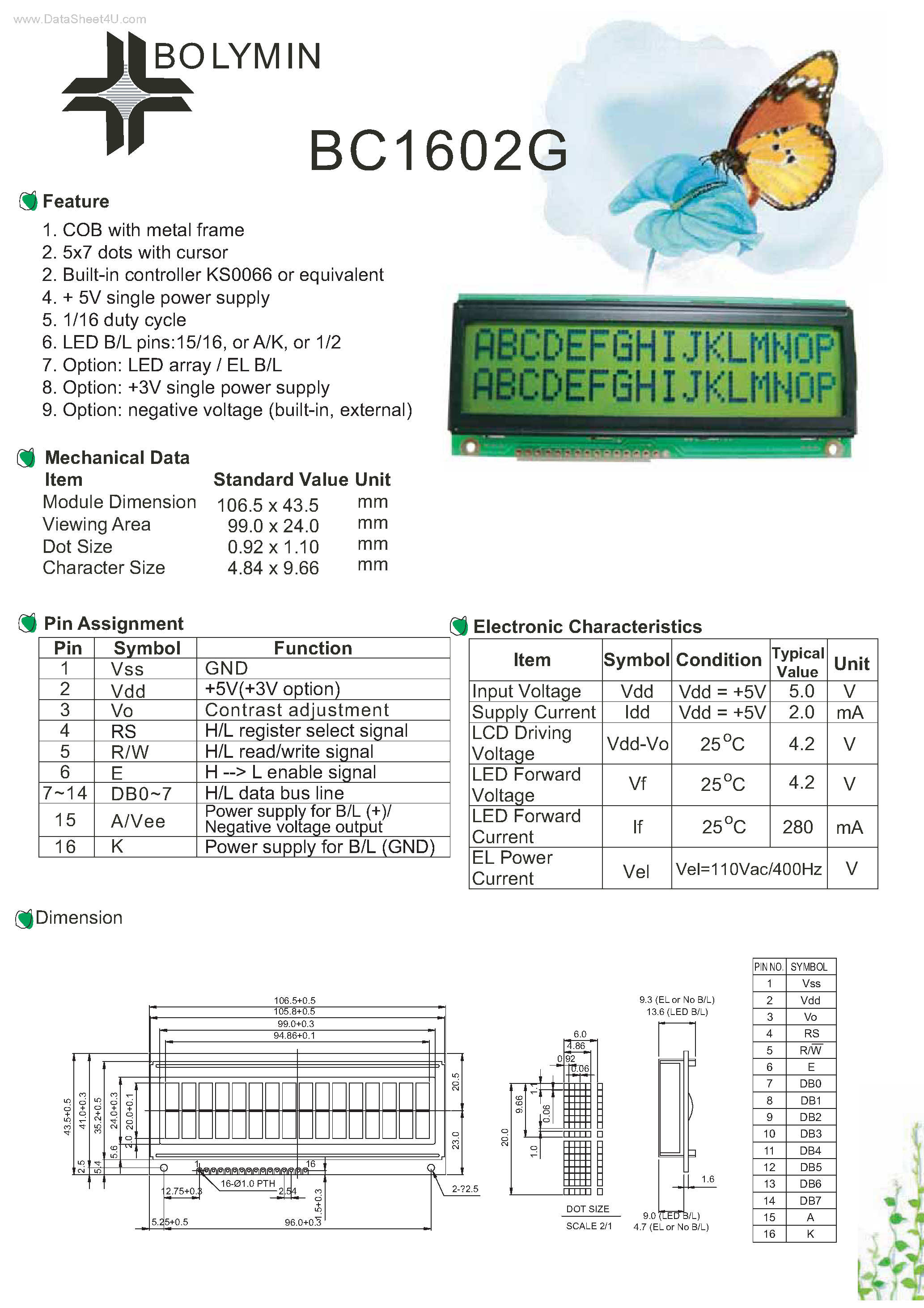 Datasheet BC1602G - Display 5x7 dots page 1