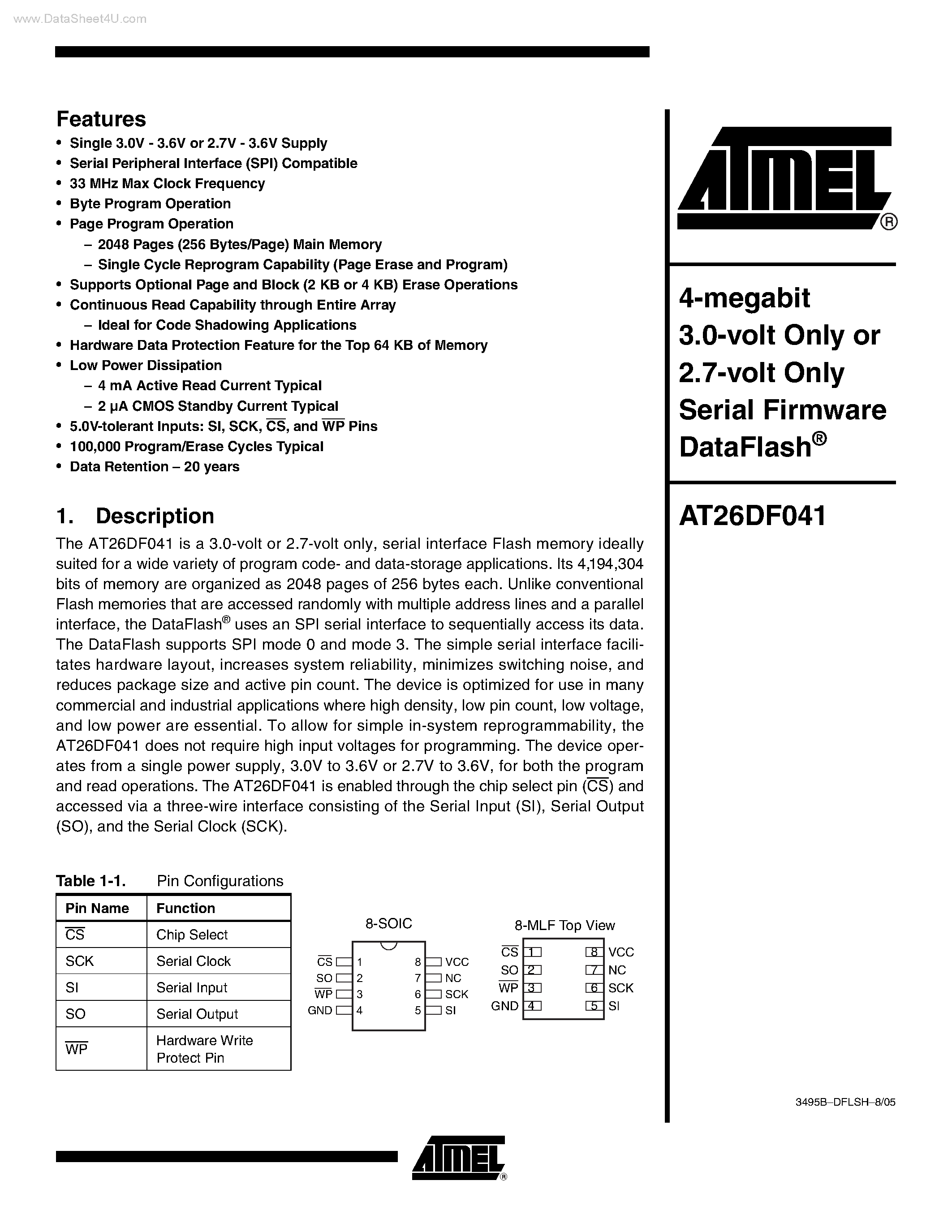 Datasheet AT26DF041 - SERIAL FIRMWARE DATAFLASH-R page 1