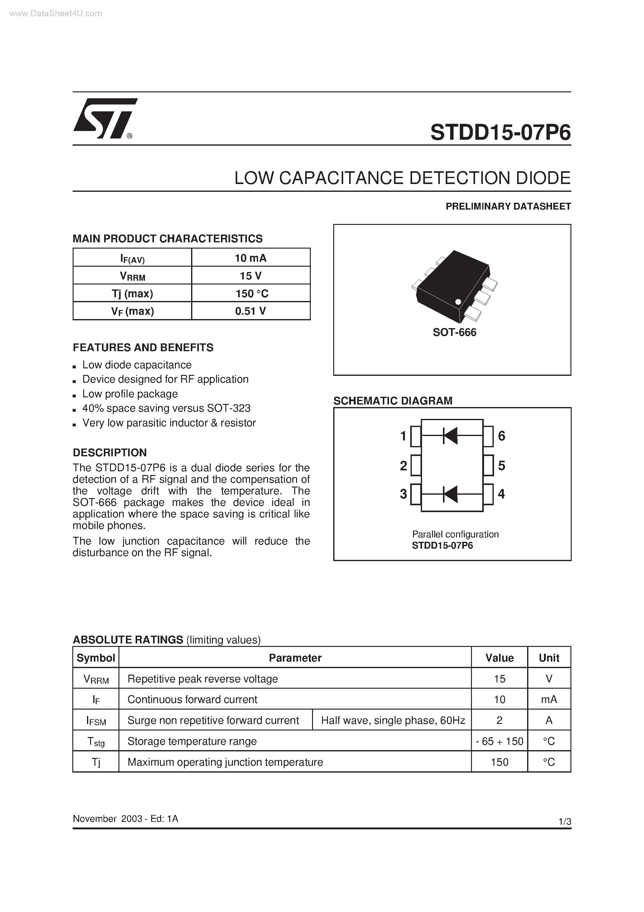 Даташит STDD15-07P6 - LOW CAPACITANCE DETECTION DIODE страница 1