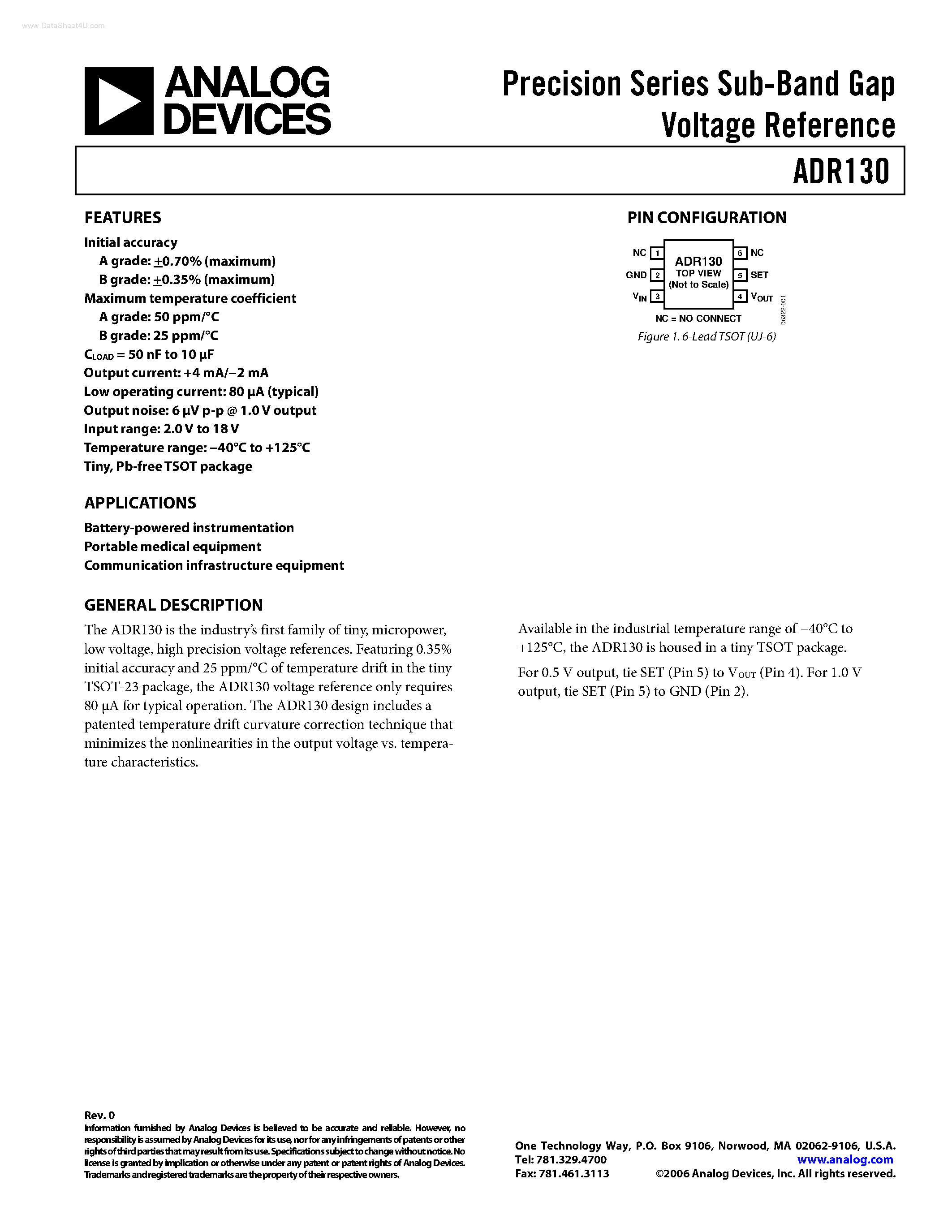 Datasheet ADR130 - Precision Series Sub-Band Gap Voltage Reference page 1