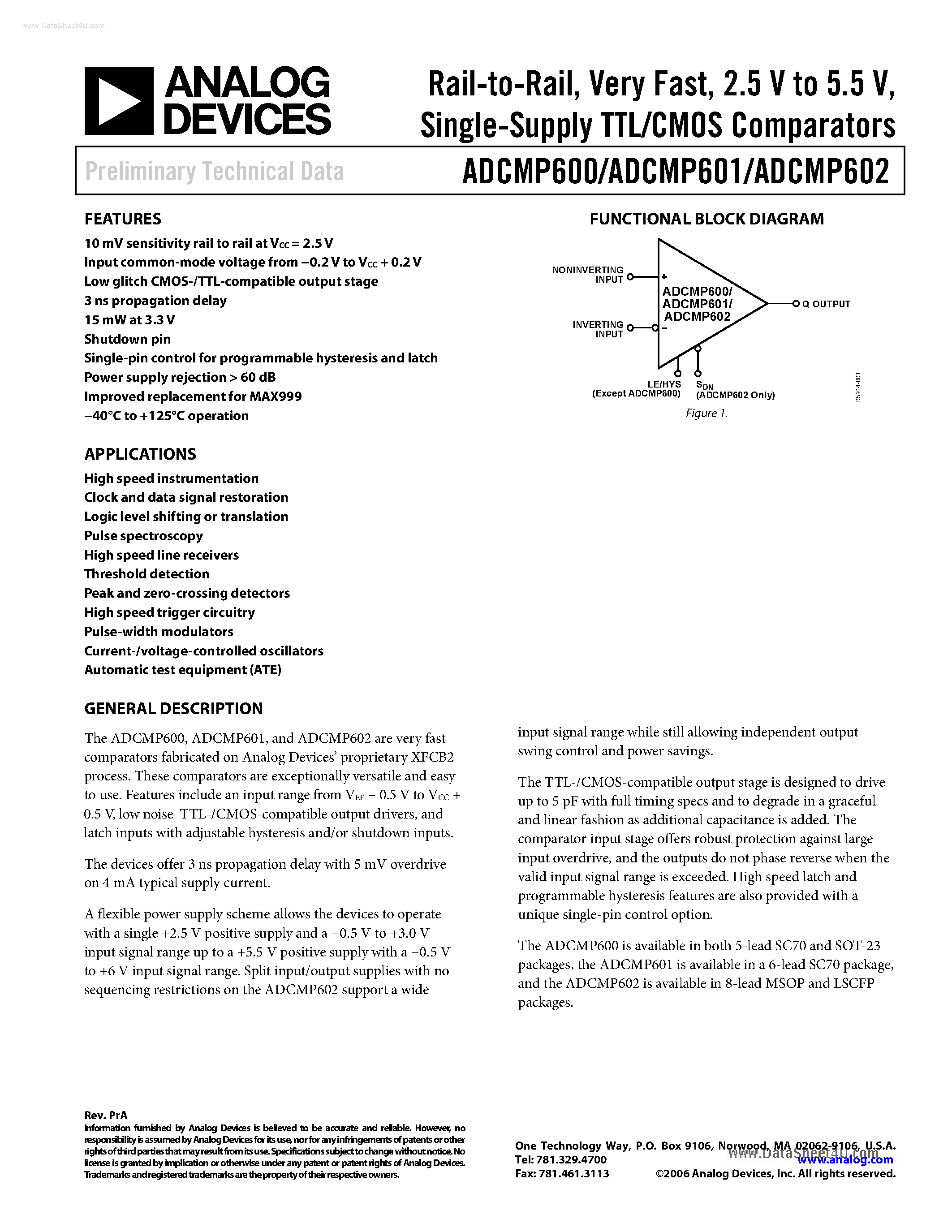 Даташит ADCMP600 - (ADCMP600 - ADCMP602) Single-Supply TTL/CMOS Comparator страница 1