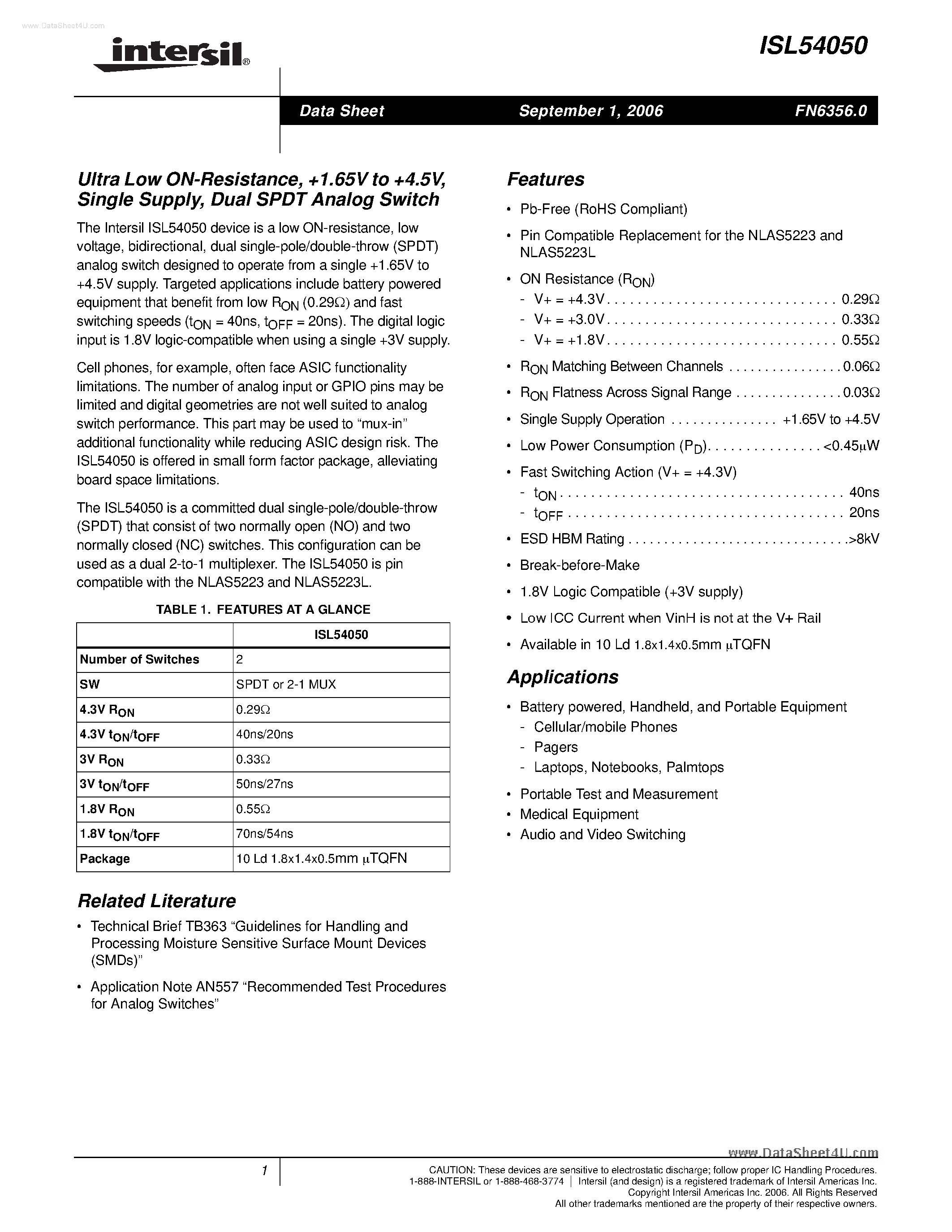 Datasheet ISL54050 - Ultra Low ON-Resistance Dual SDPT Analog Switch page 1