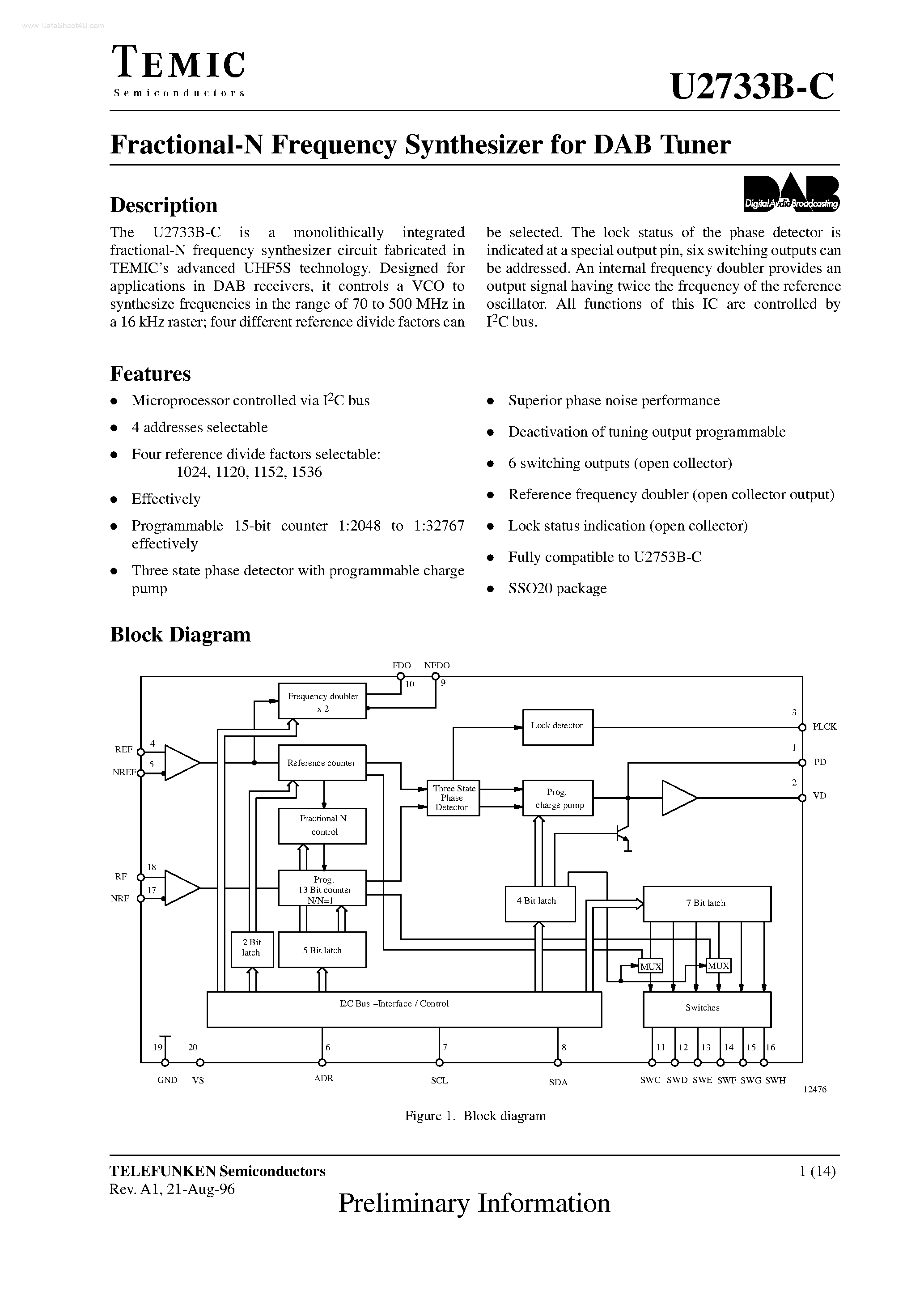 Даташит U2733B-C - Fractional-N Frequency Synthesizer страница 1