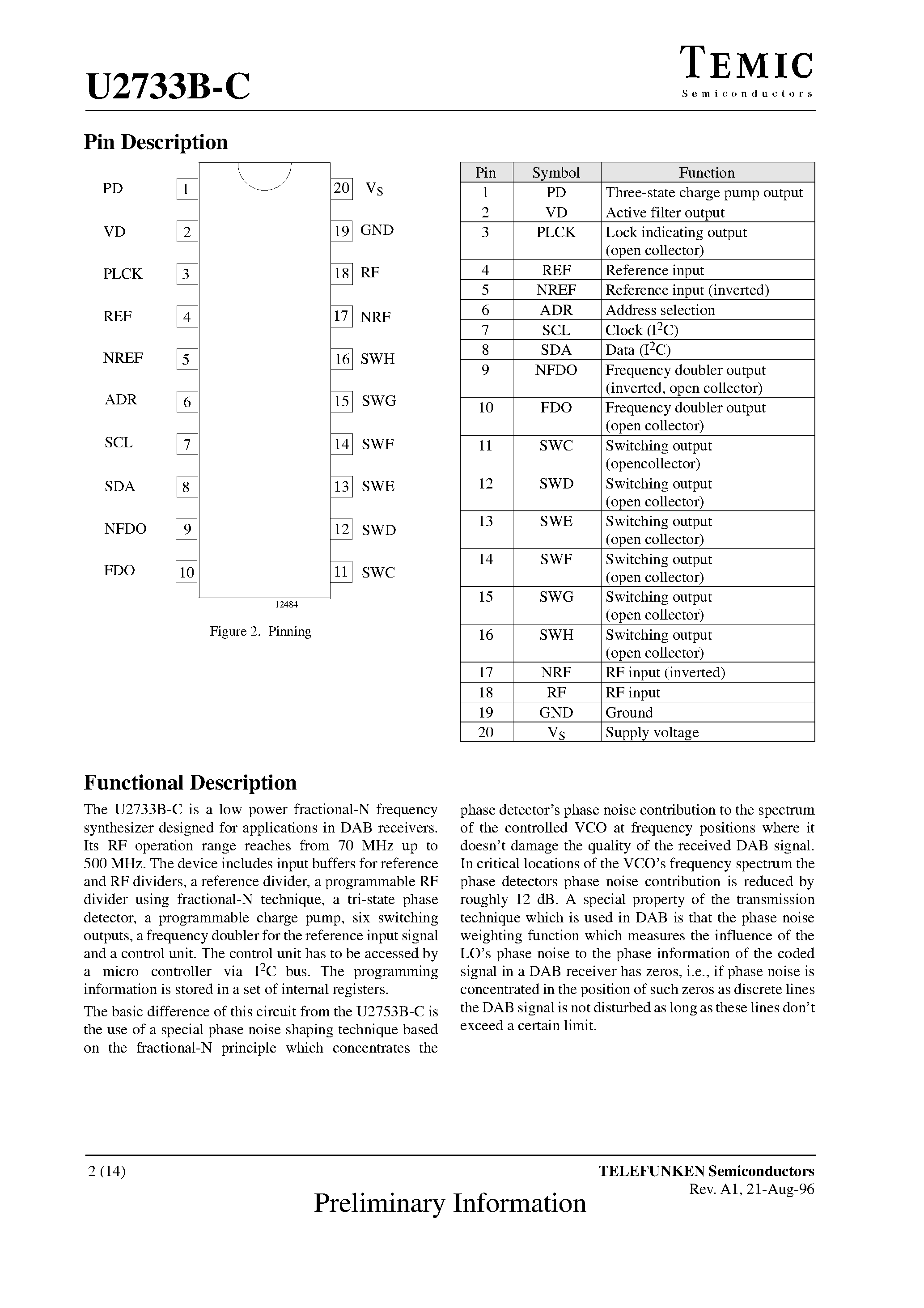 Даташит U2733B-C - Fractional-N Frequency Synthesizer страница 2