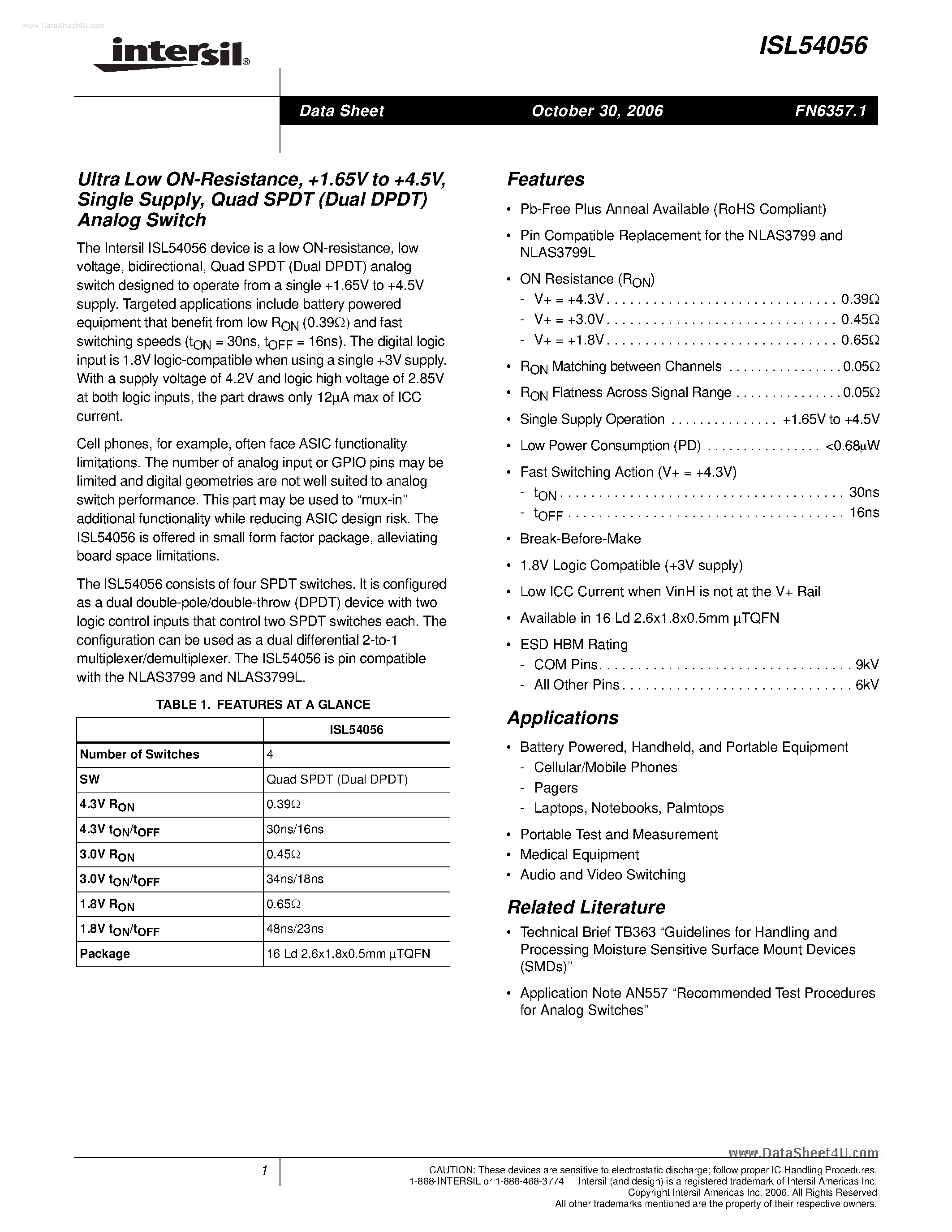 Datasheet ISL54056 - Ultra Low ON-Resistance Quad SPDT Analog Switch page 1