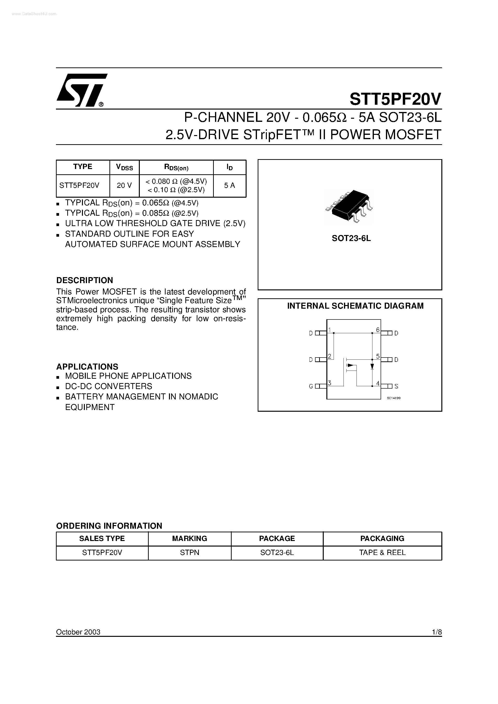 Даташит STT5PF20V - P-CHANNEL POWER MOSFET страница 1