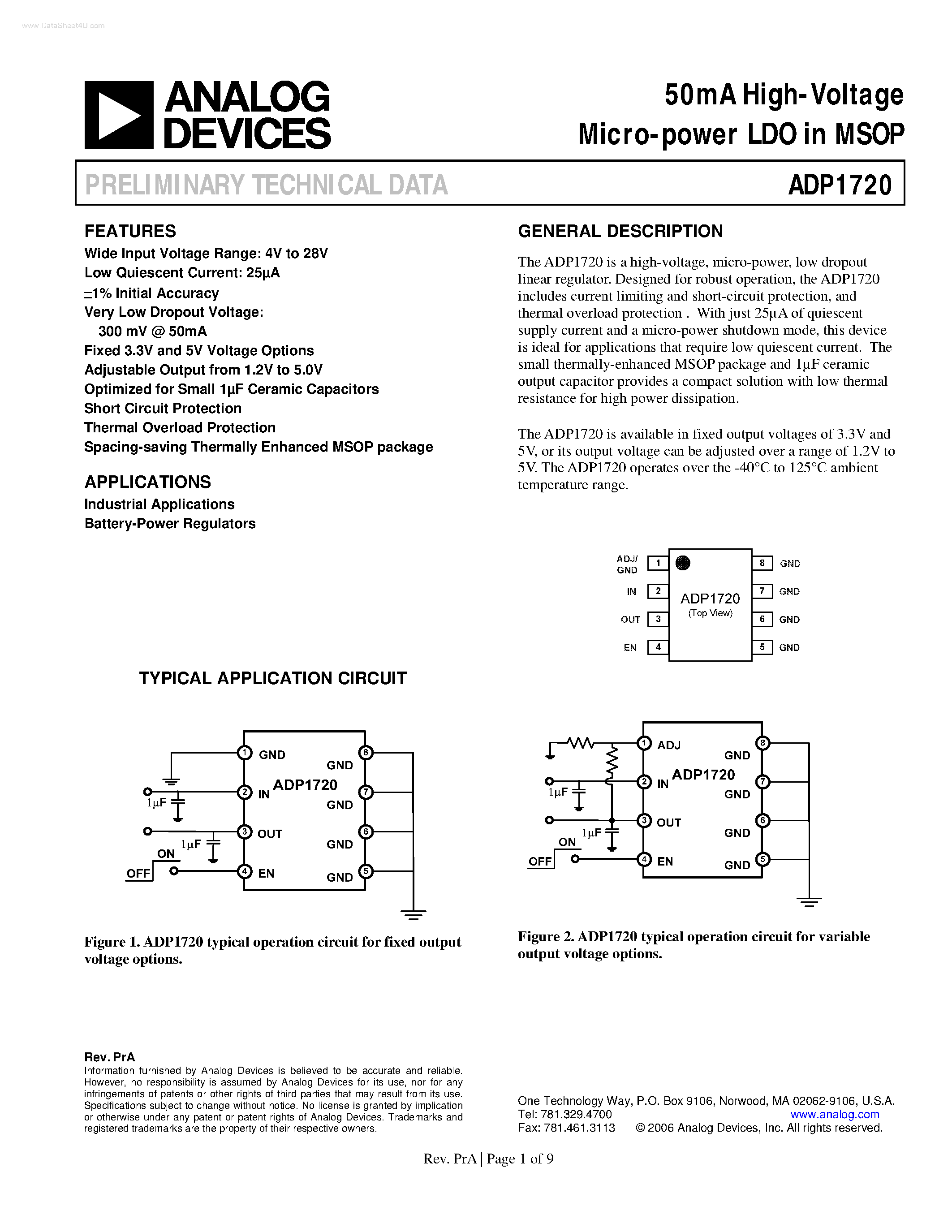 Даташит ADP1720 - High-Voltage Micro-power LDO страница 1