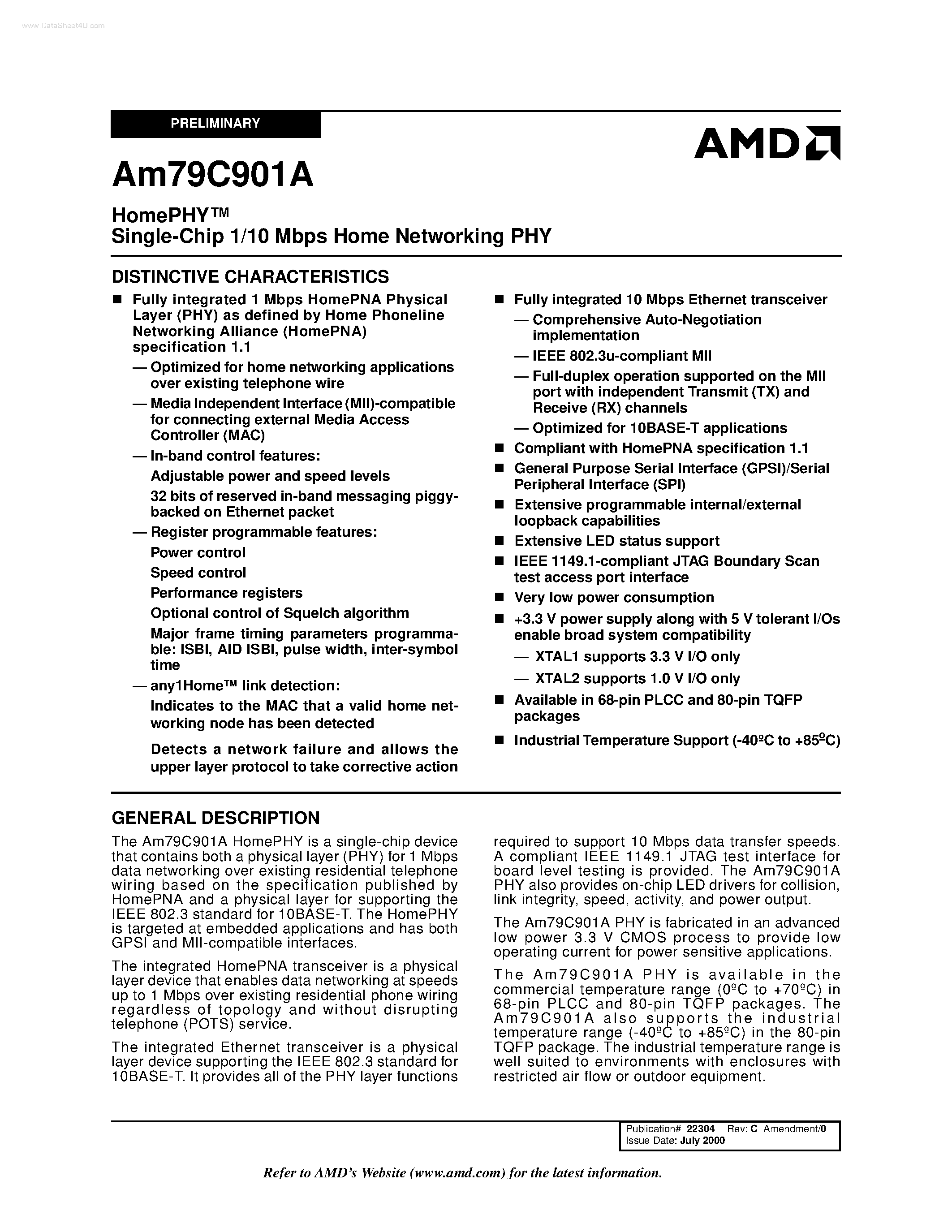 Datasheet AM79C901A - HomePHY Single-Chip 1/10 Mbps Home Networking PHY page 1