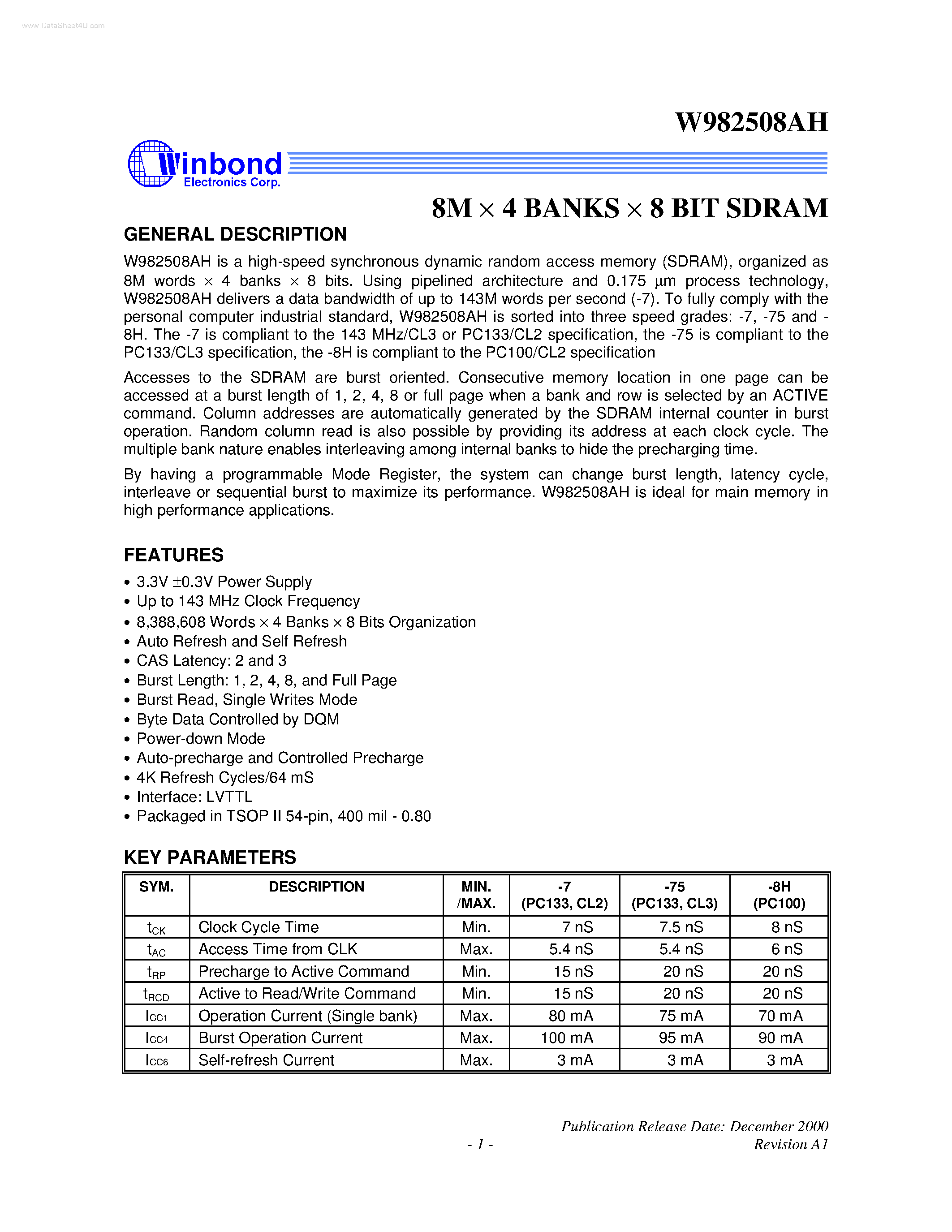 Datasheet W982508AH - 8M X 4 BANKS X 8 BIT SDRAM page 1