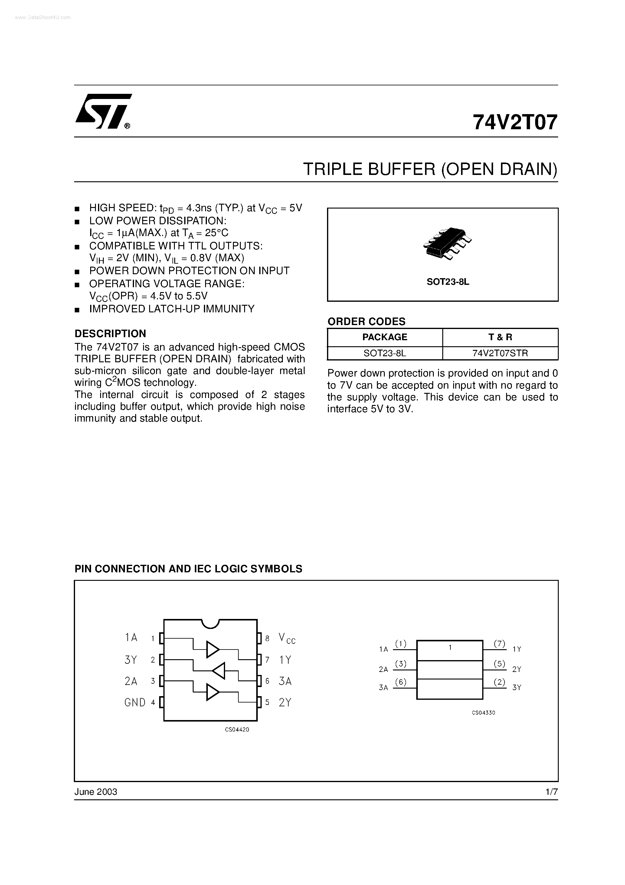 Datasheet 74V2T07 - TRIPLE BUFFER page 1