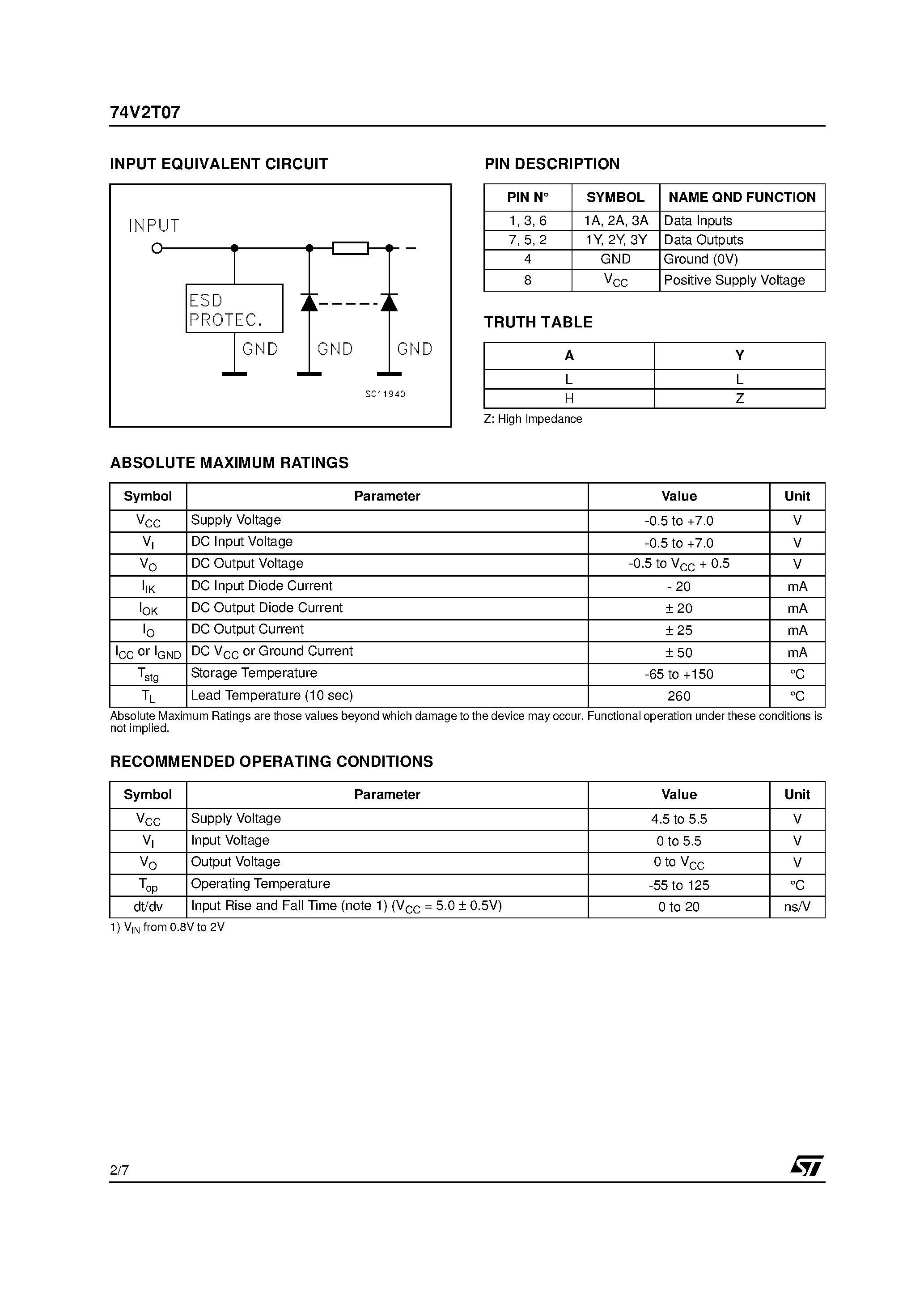 Datasheet 74V2T07 - TRIPLE BUFFER page 2