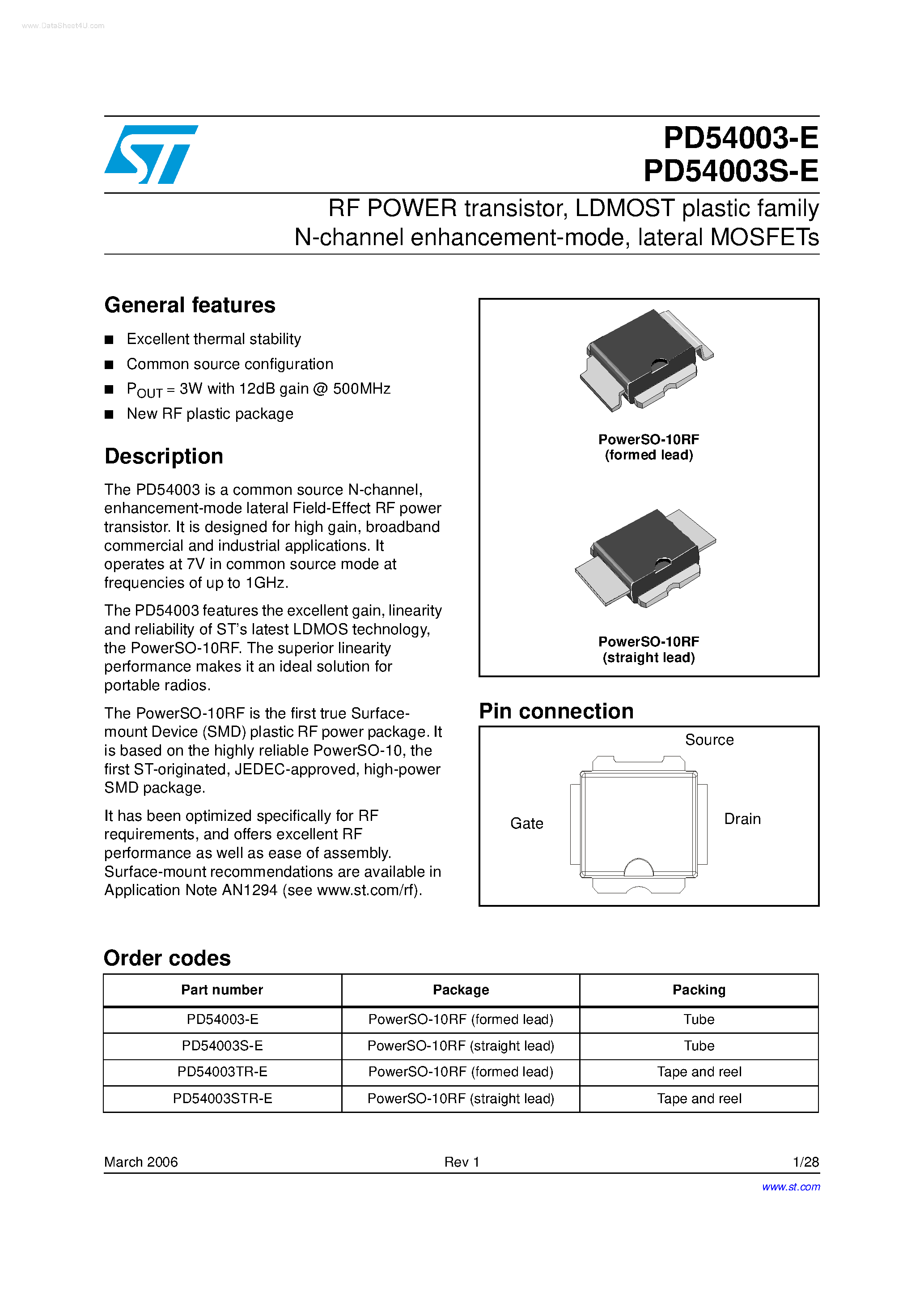 Даташит PD54003-E - RF POWER transistor страница 1