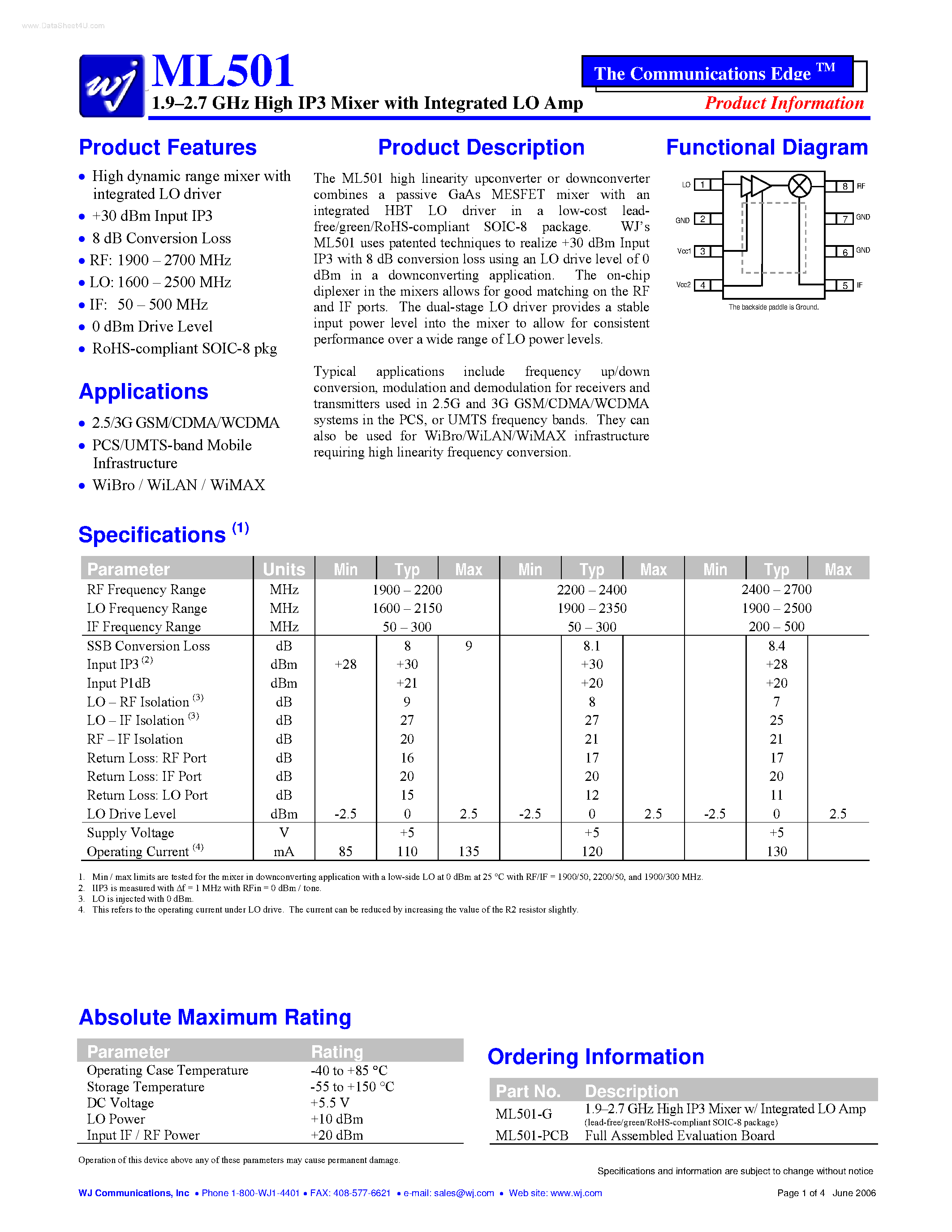 Даташит ML501 - 1.9-2.7 GHz High IP3 Mixer страница 1