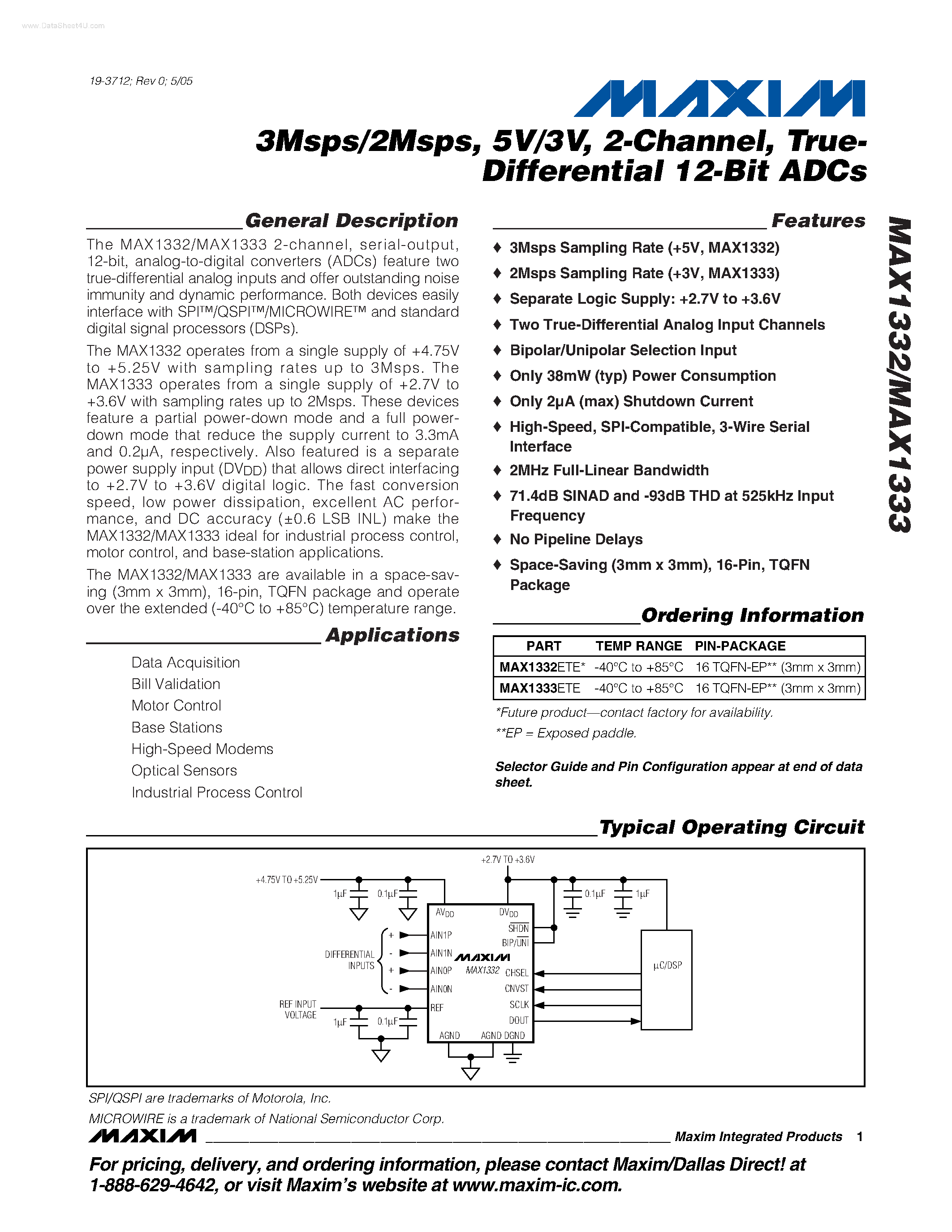 Даташит MAX1332 - (MAX1332 / MAX1333) True-Differential 12-Bit ADCs страница 1