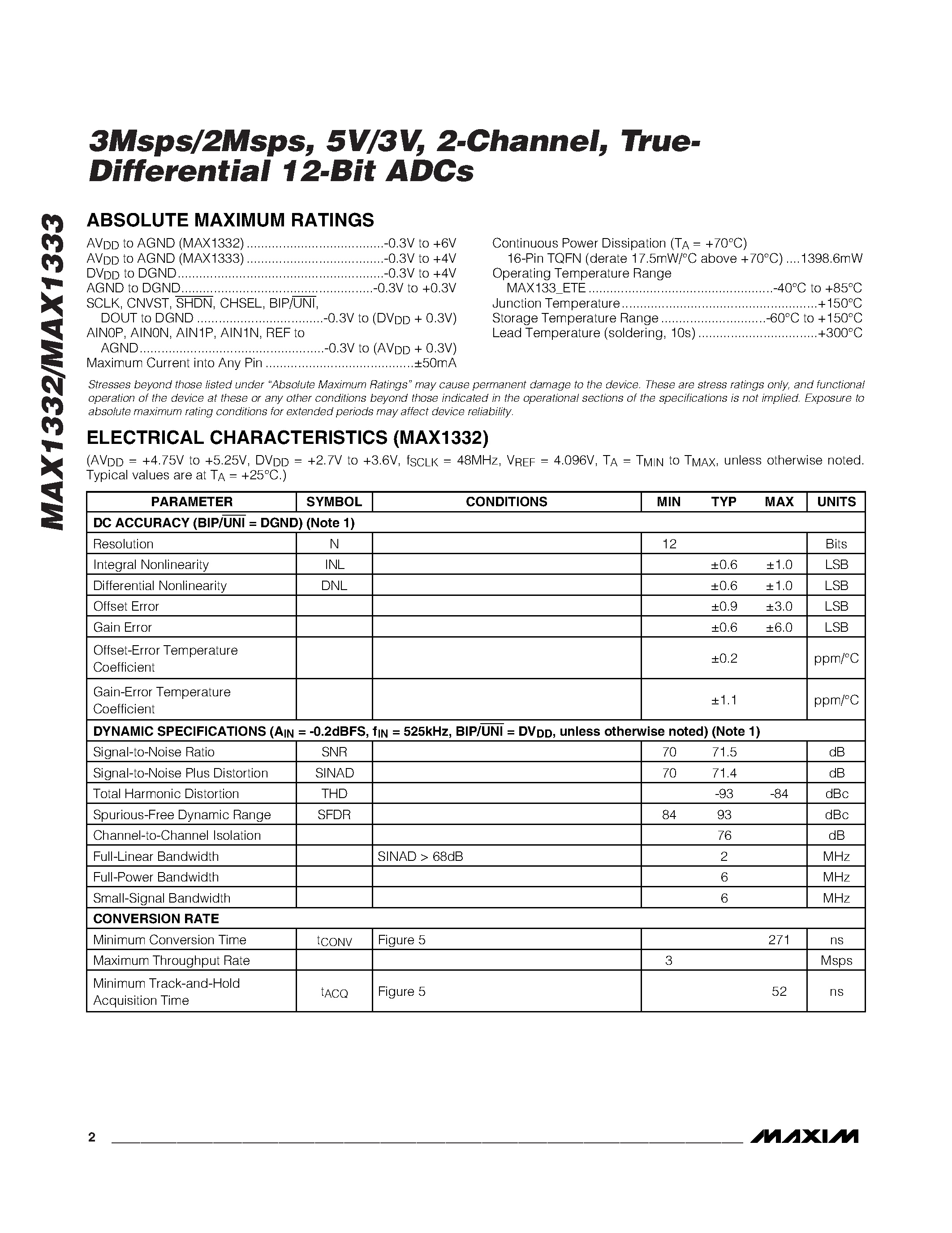 Даташит MAX1332 - (MAX1332 / MAX1333) True-Differential 12-Bit ADCs страница 2