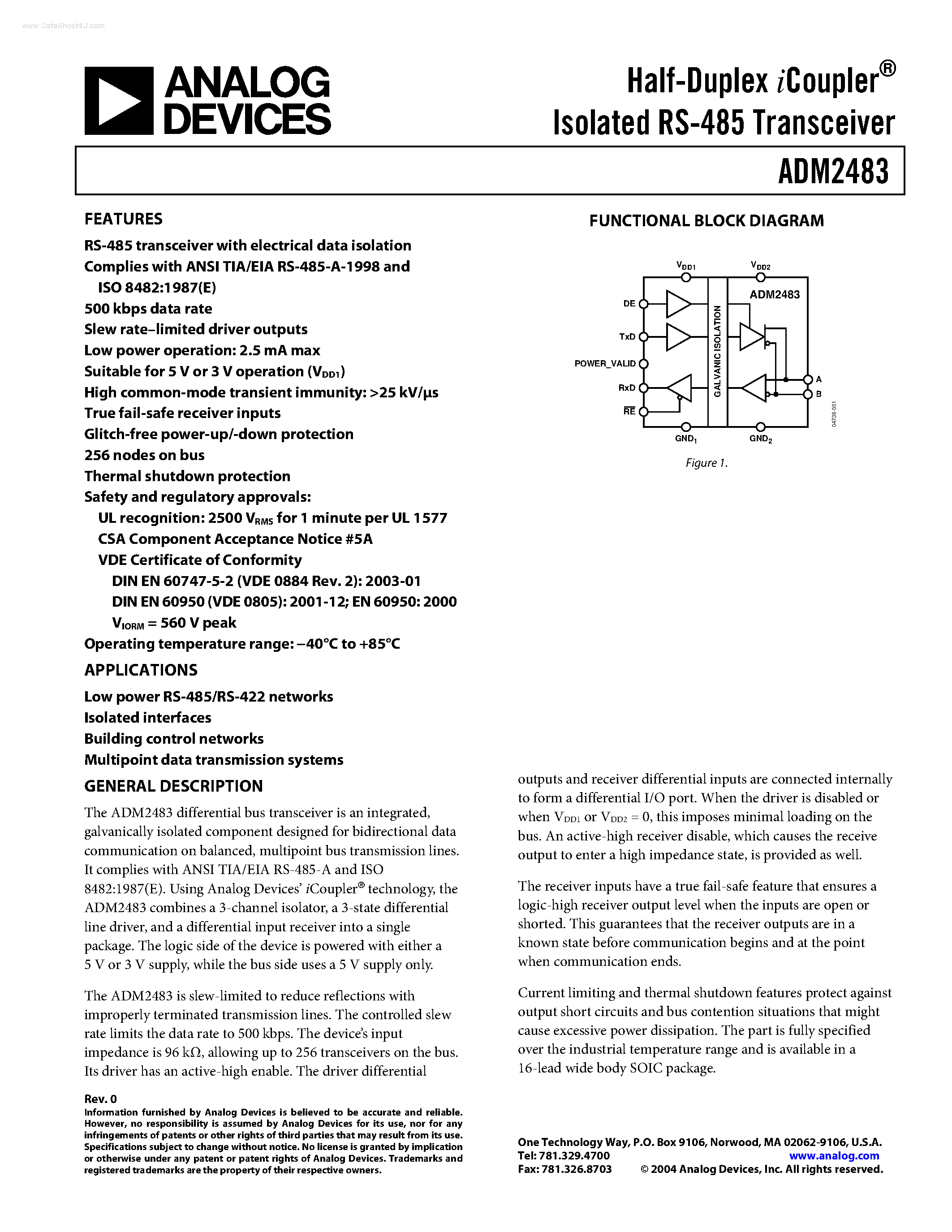 Datasheet ADM2483 - Half-Duplex iCoupler-R Isolated RS-485 Transceiver page 1