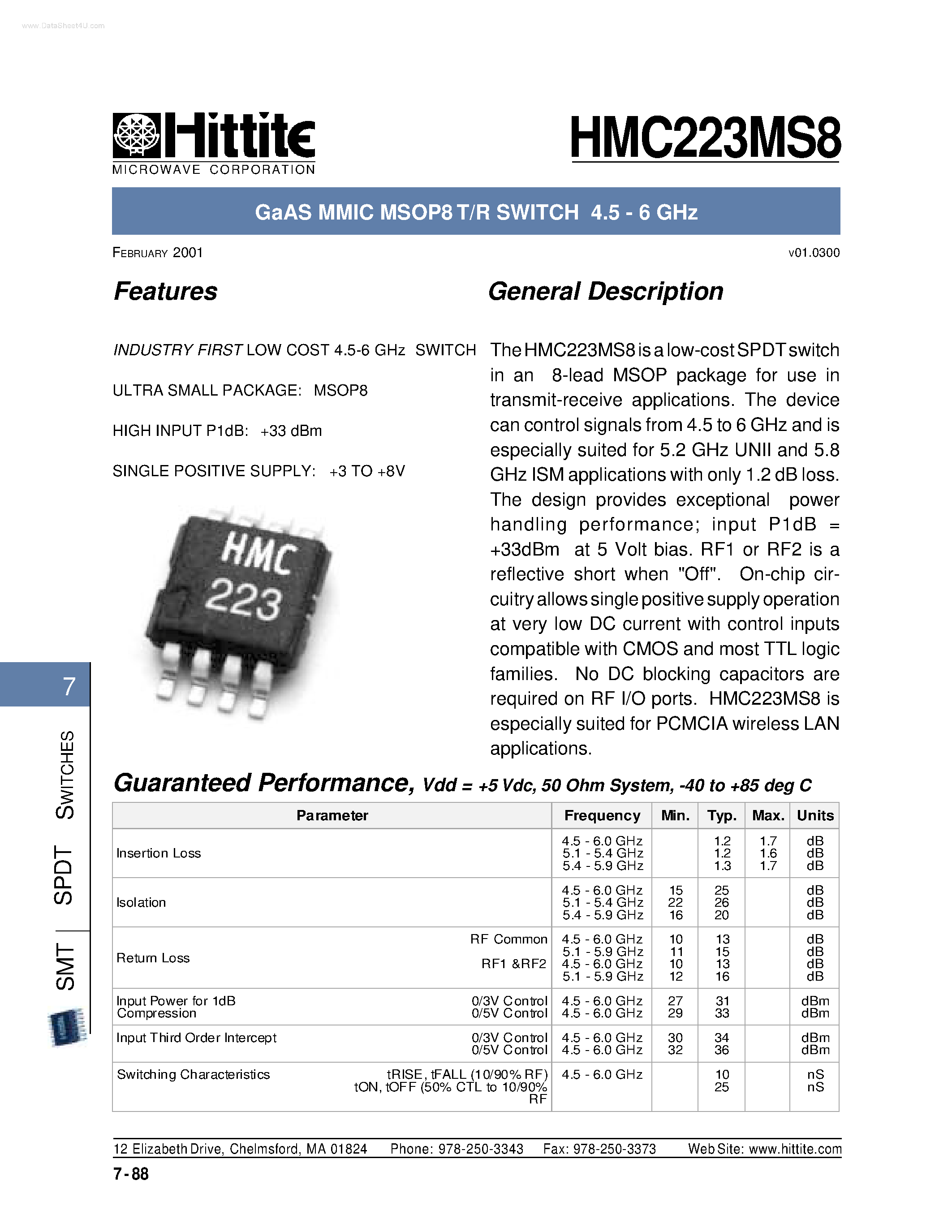 Datasheet HMC223MS8 - GaAS MMIC MSOP8 T/R SWITCH page 1