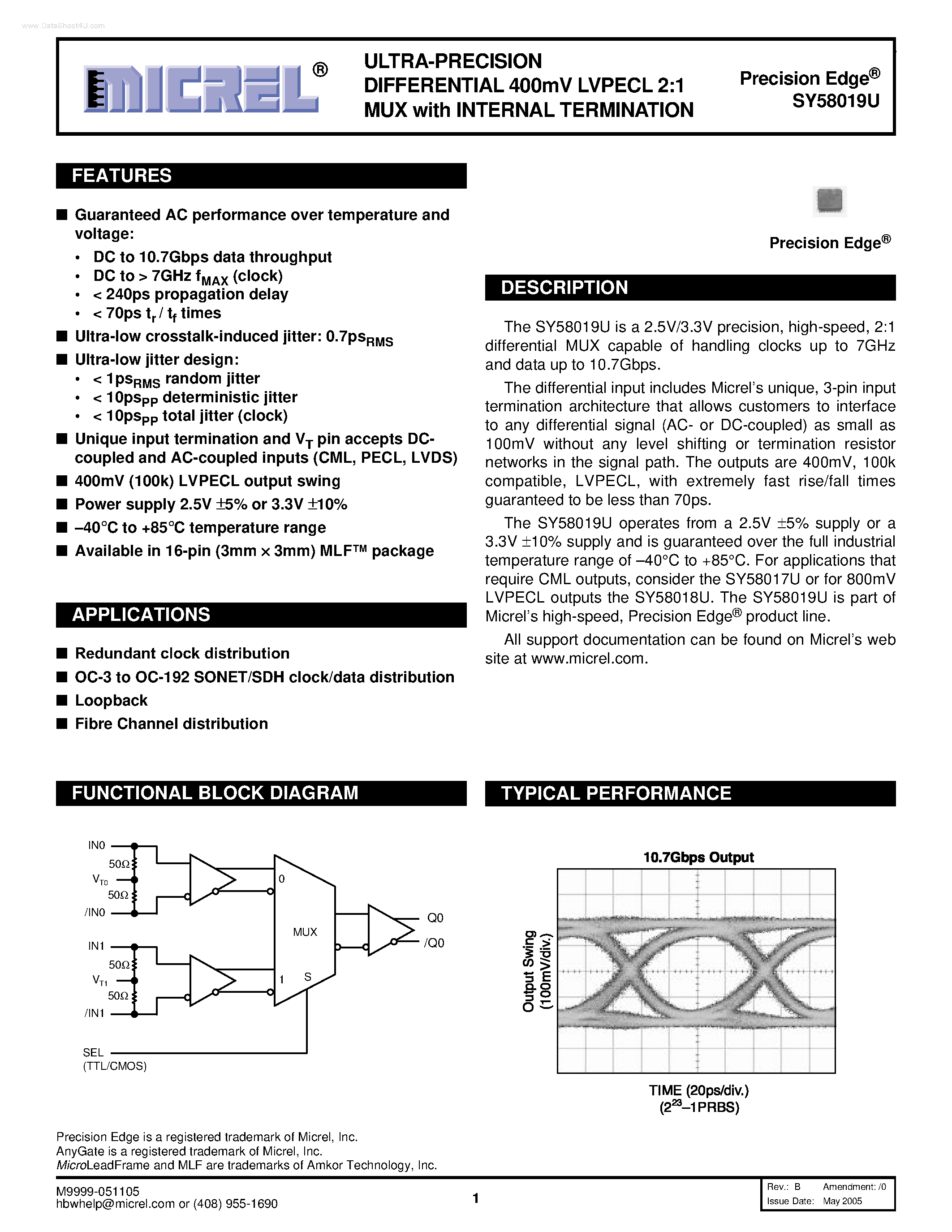 Даташит SY58019U - ULTRA-PRECISION DIFFERENTIAL 400mV LVPECL 2:1 MUX страница 1