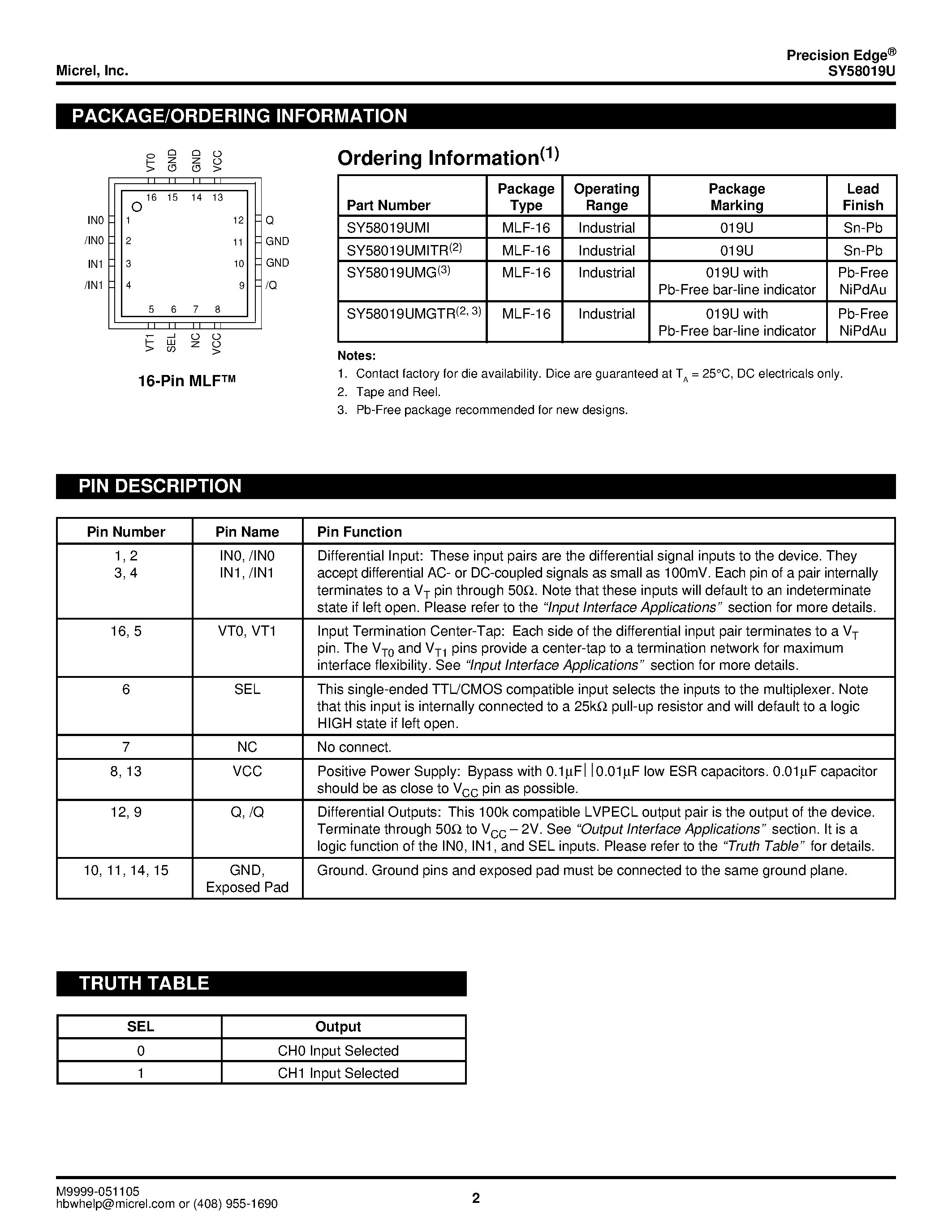 Даташит SY58019U - ULTRA-PRECISION DIFFERENTIAL 400mV LVPECL 2:1 MUX страница 2