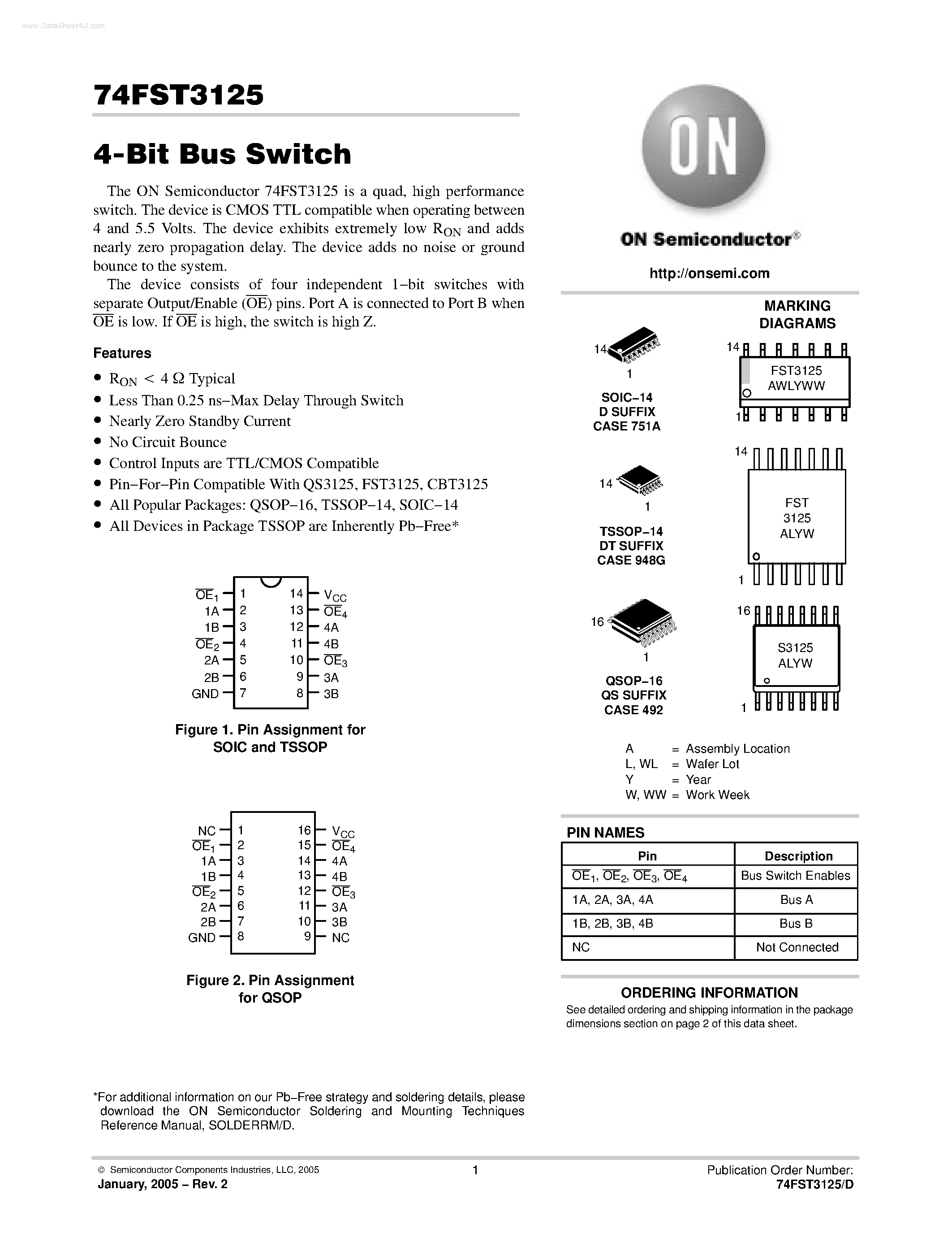 Datasheet 74FST3125 - 4-Bit Bus Switch page 1