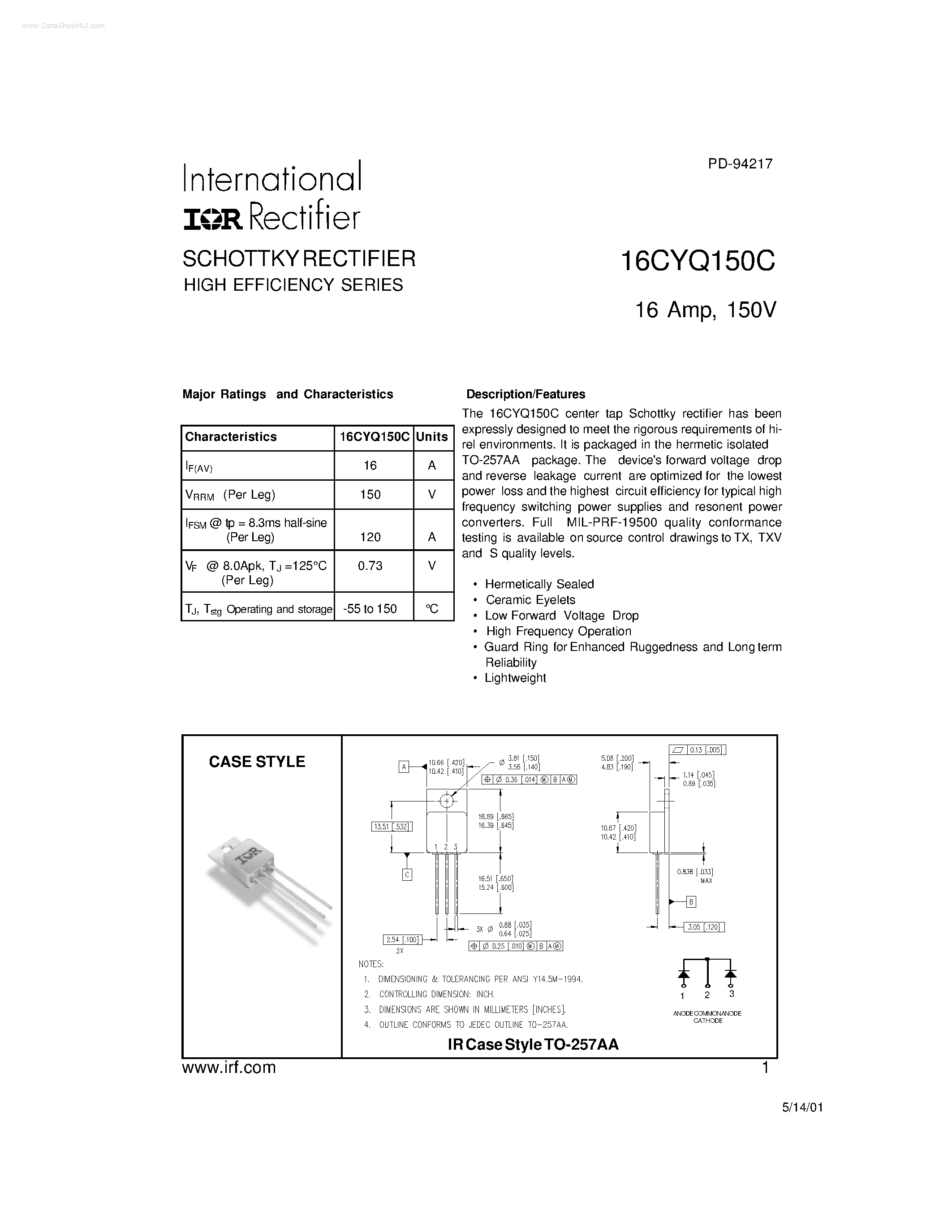 Datasheet 16CYQ150C - SCHOTTKY RECTIFIER HIGH EFFICIENCY SERIES page 1