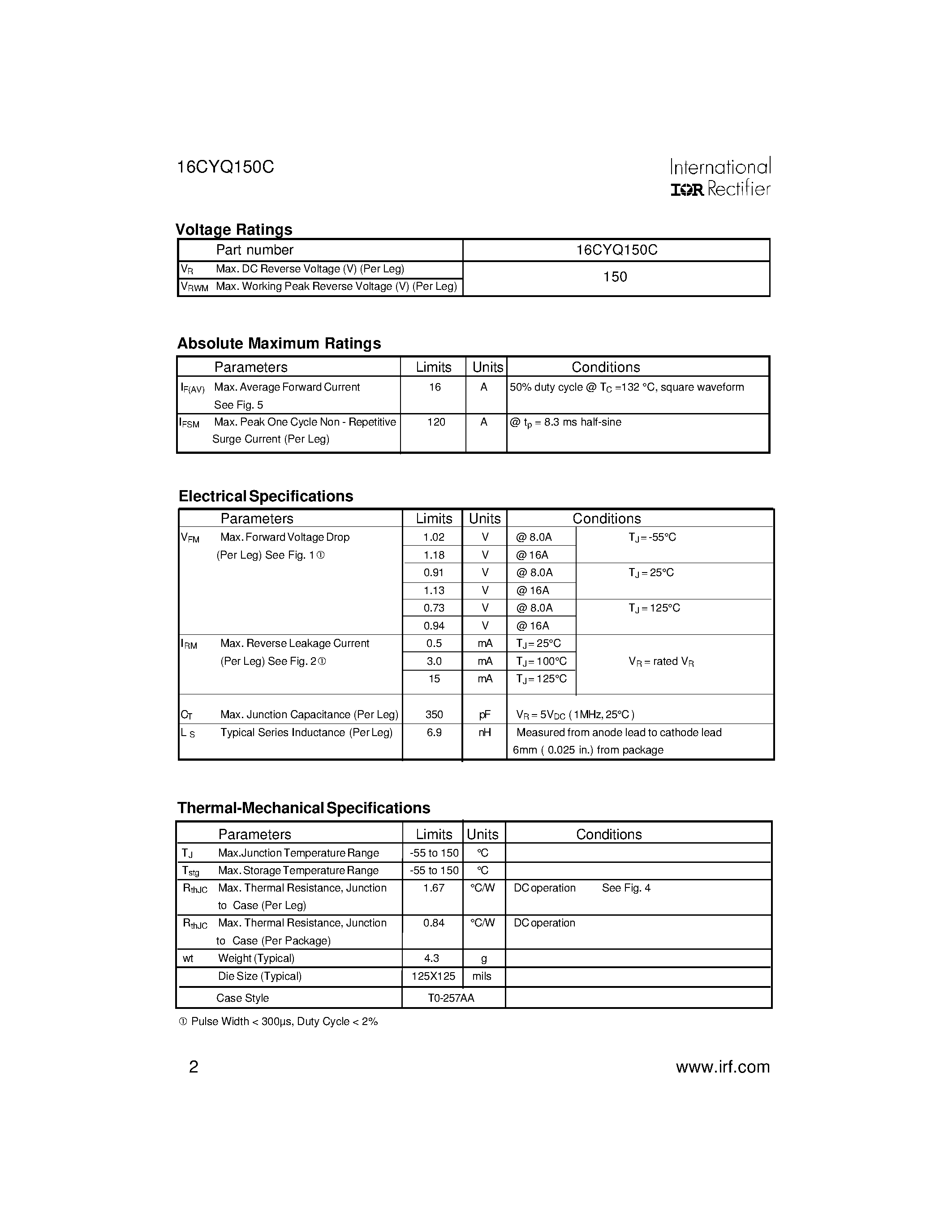 Datasheet 16CYQ150C - SCHOTTKY RECTIFIER HIGH EFFICIENCY SERIES page 2