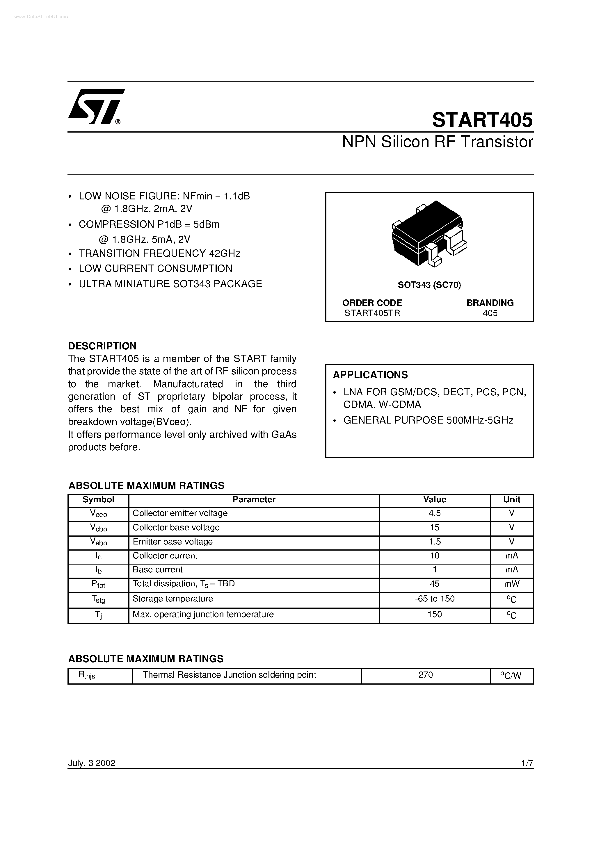 Даташит START405 - NPN Silicon RF Transistor страница 1