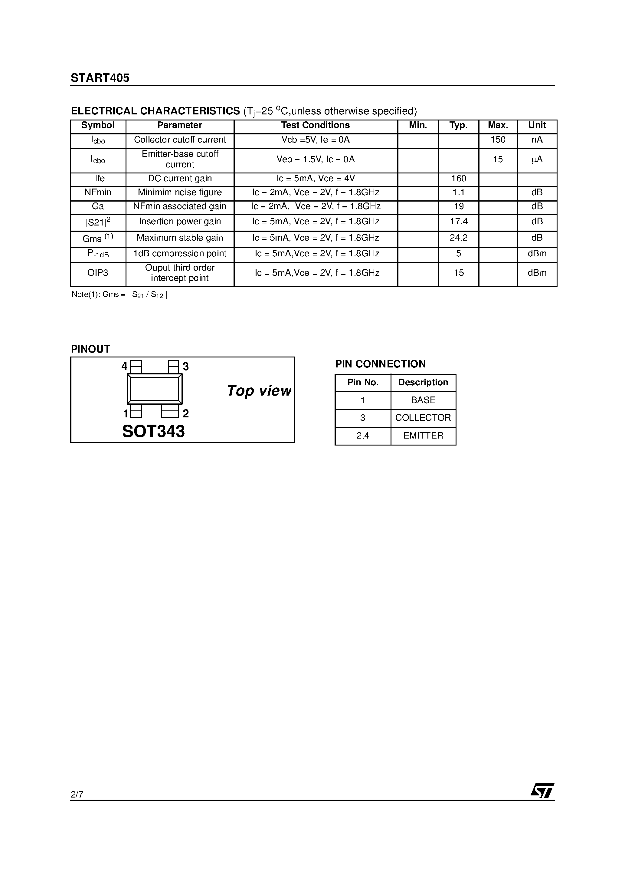 Даташит START405 - NPN Silicon RF Transistor страница 2