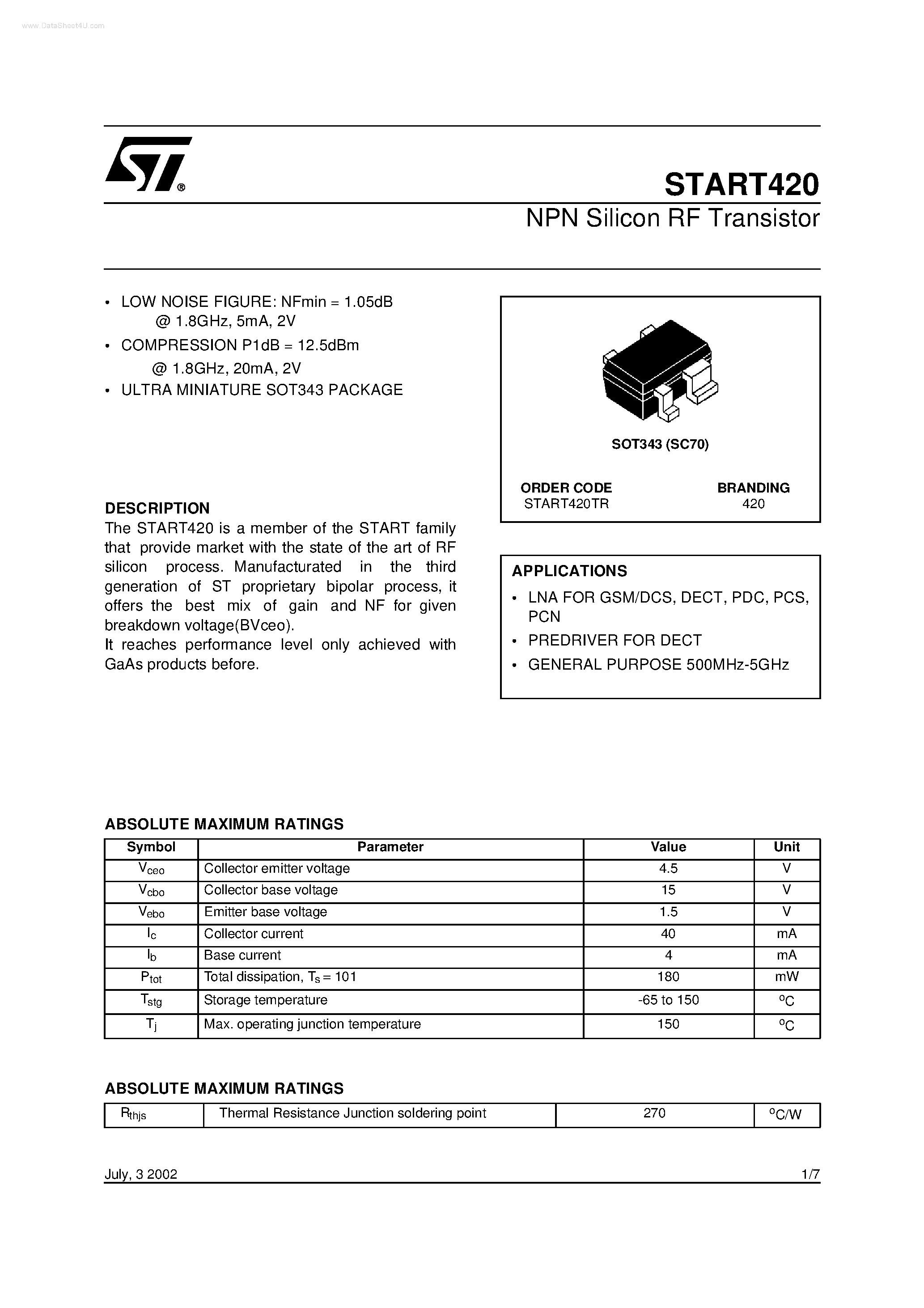 Даташит START420 - NPN Silicon RF Transistor страница 1