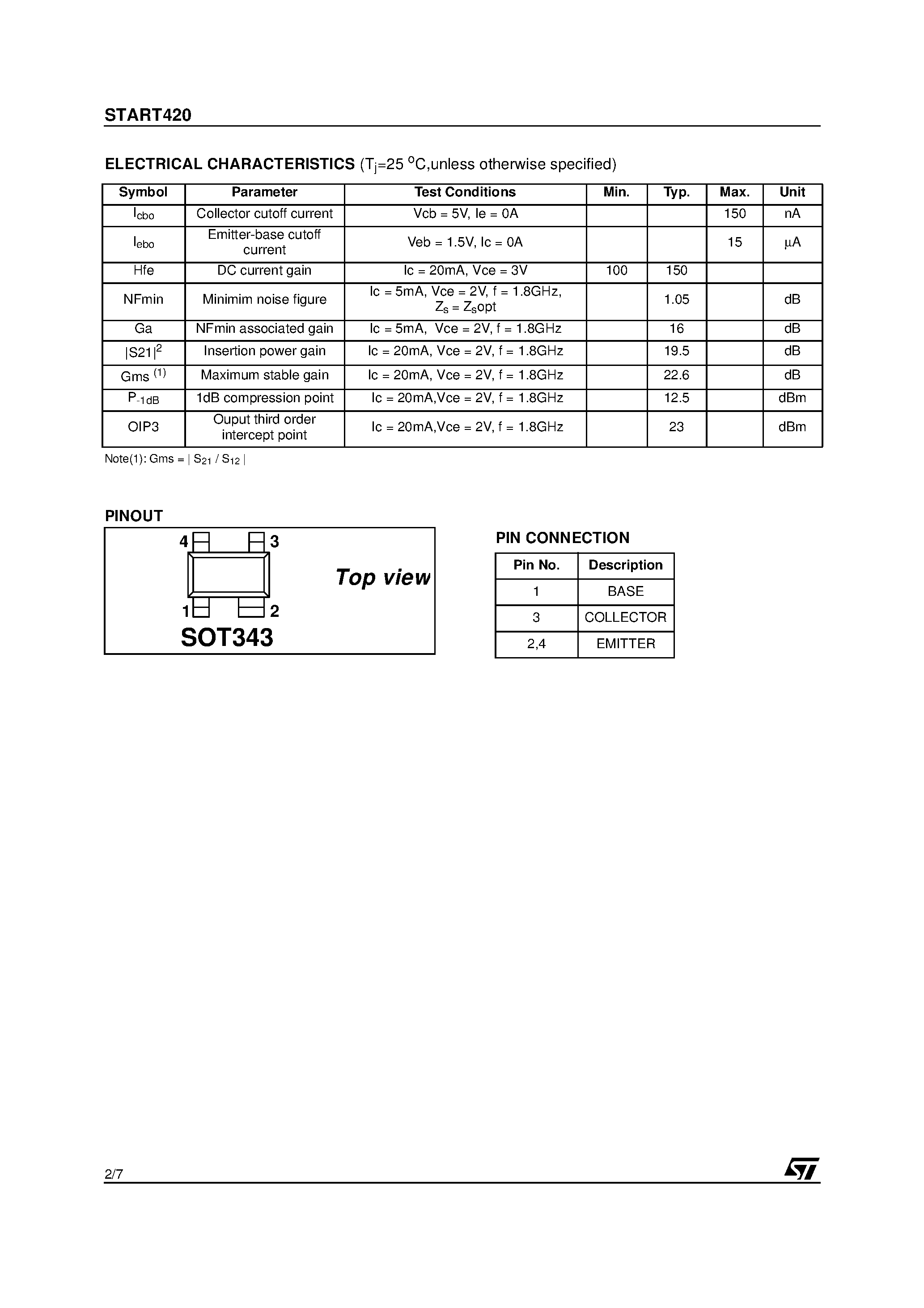 Даташит START420 - NPN Silicon RF Transistor страница 2