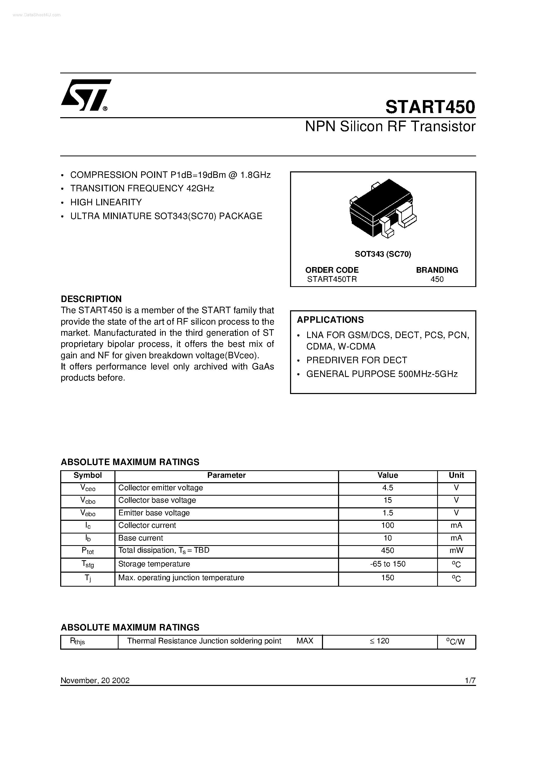 Даташит START450 - NPN Silicon RF Transistor страница 1