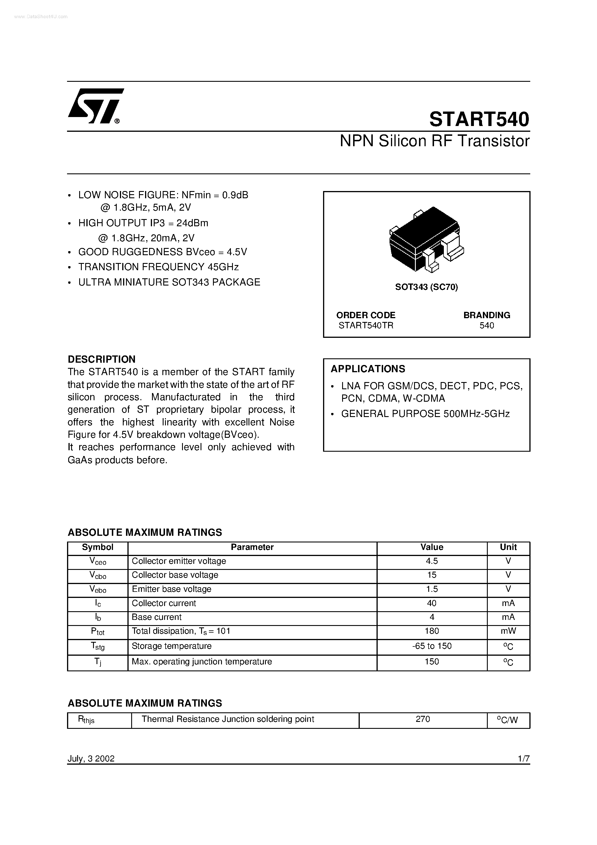 Даташит START540 - NPN Silicon RF Transistor страница 1