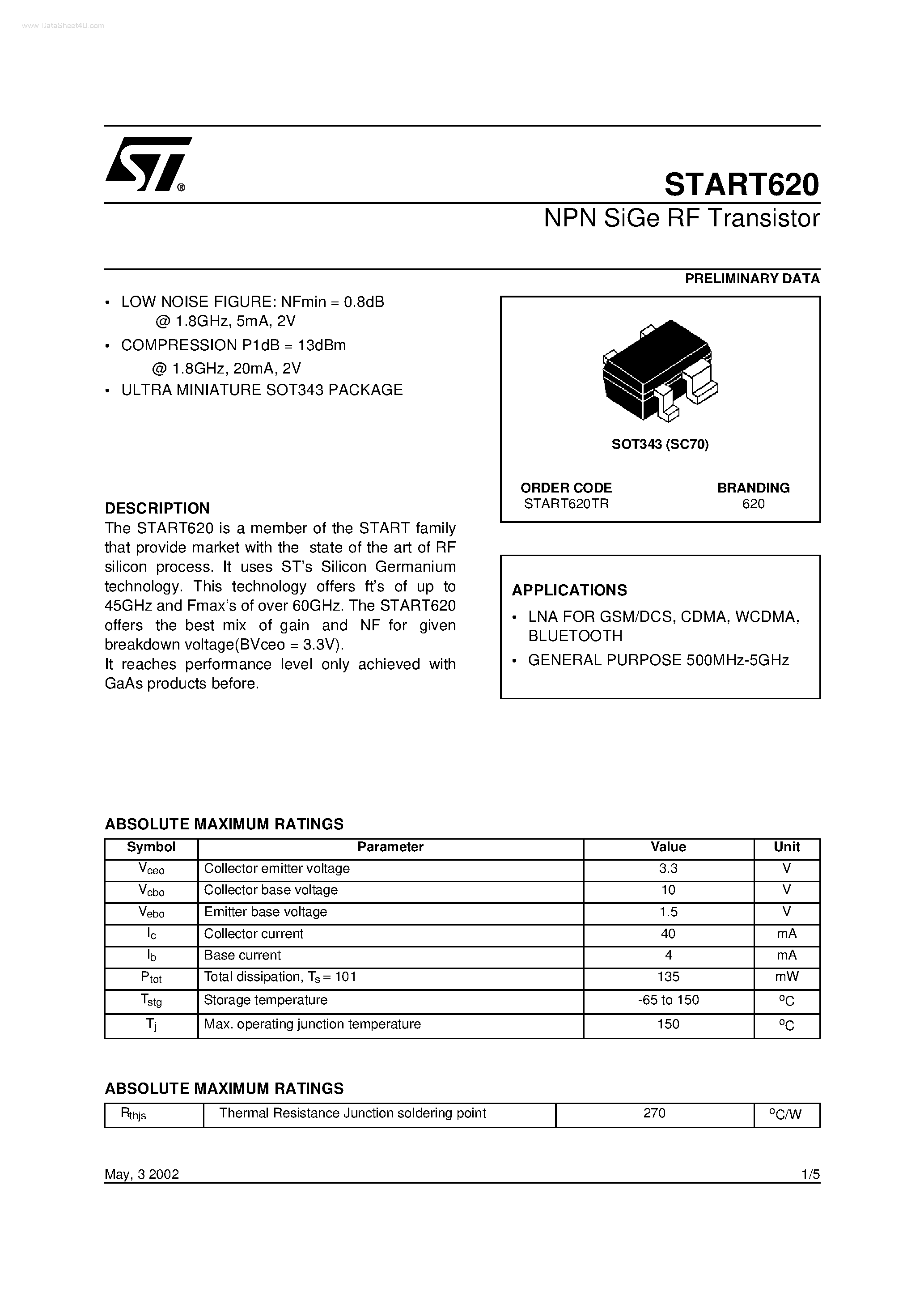 Даташит START620 - NPN SiGe RF Transistor страница 1