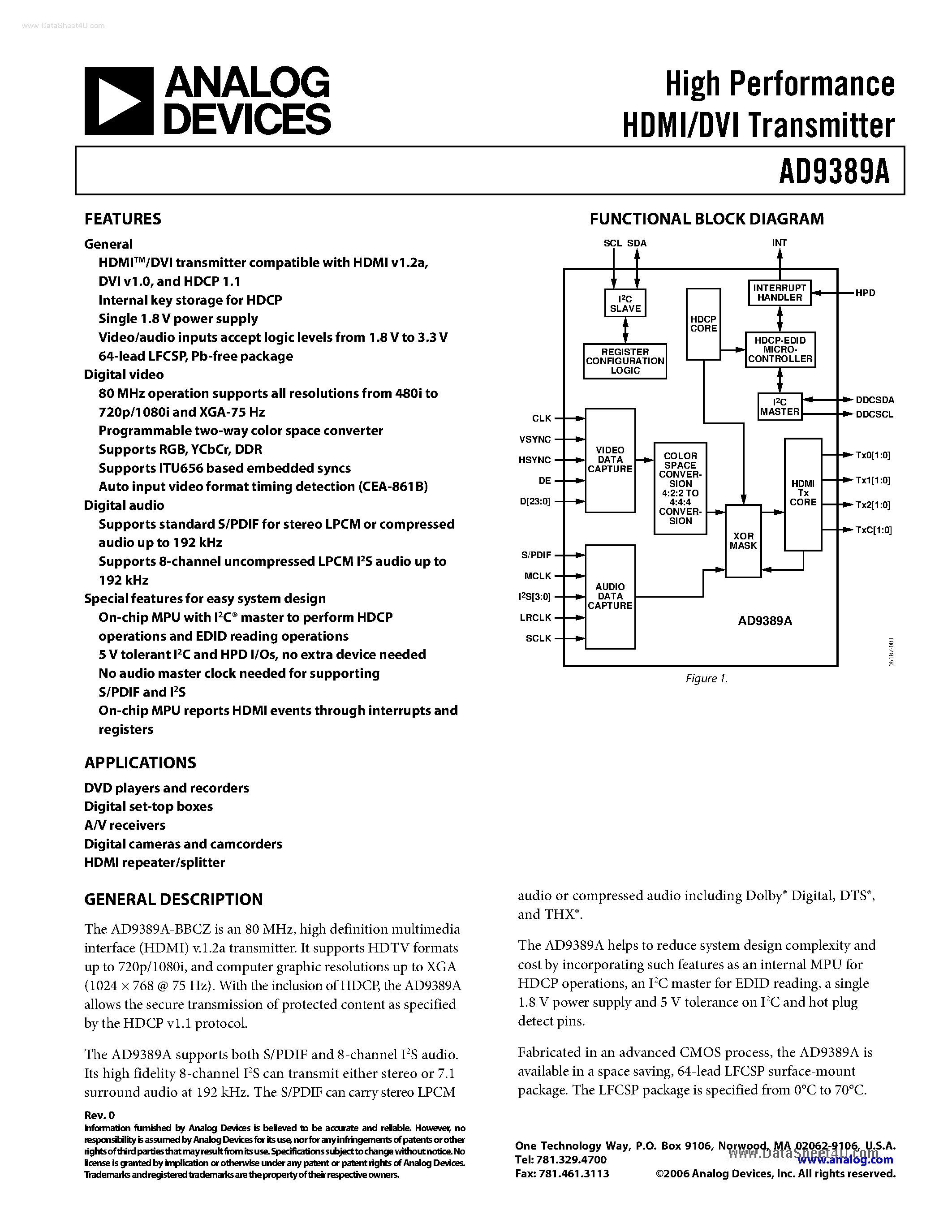 Datasheet AD9389A - High Performance HDMI/DVI Transmitter page 1