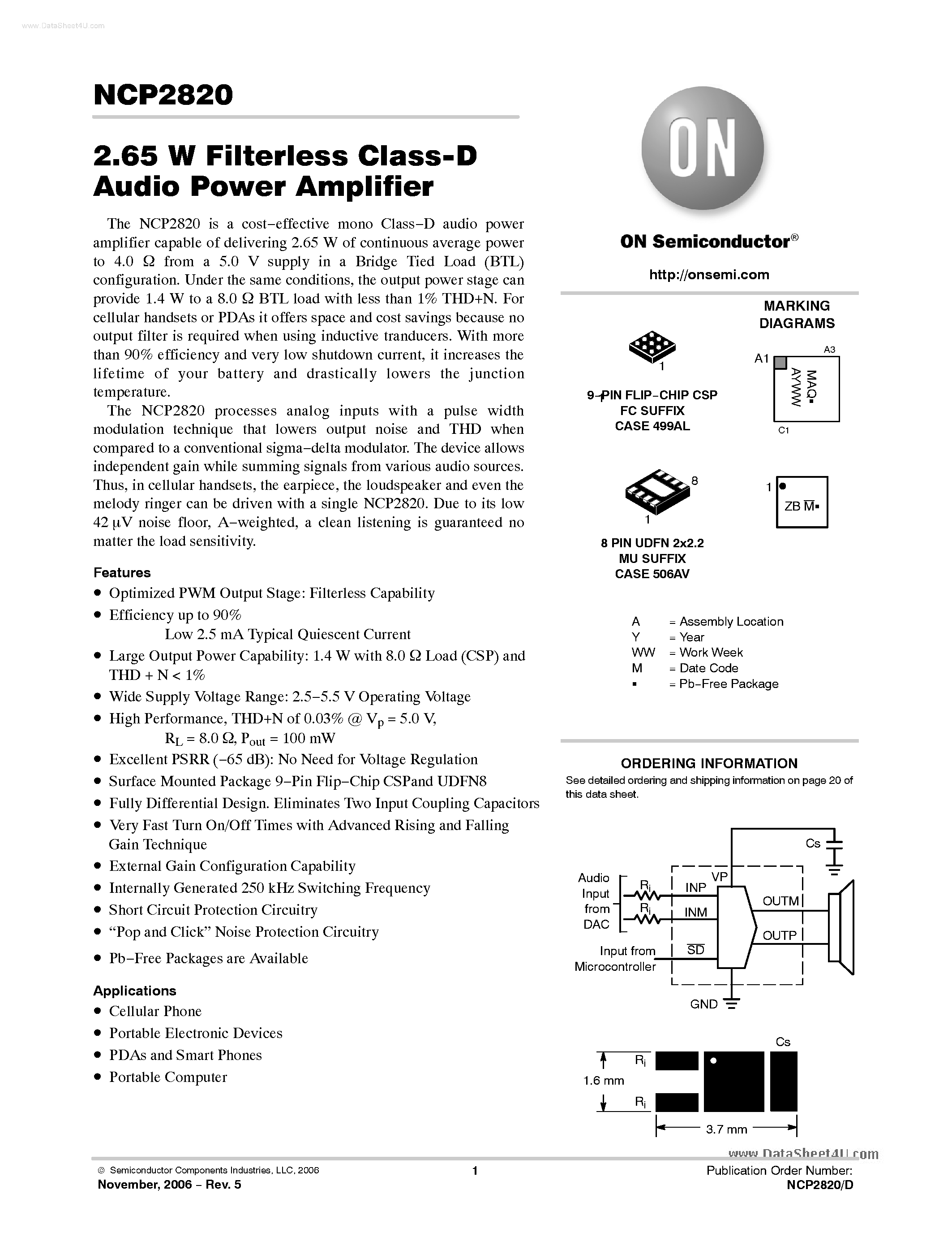 Даташит NCP2820 - 2.65W Filterless Class-D Audio Power Amplifier страница 1