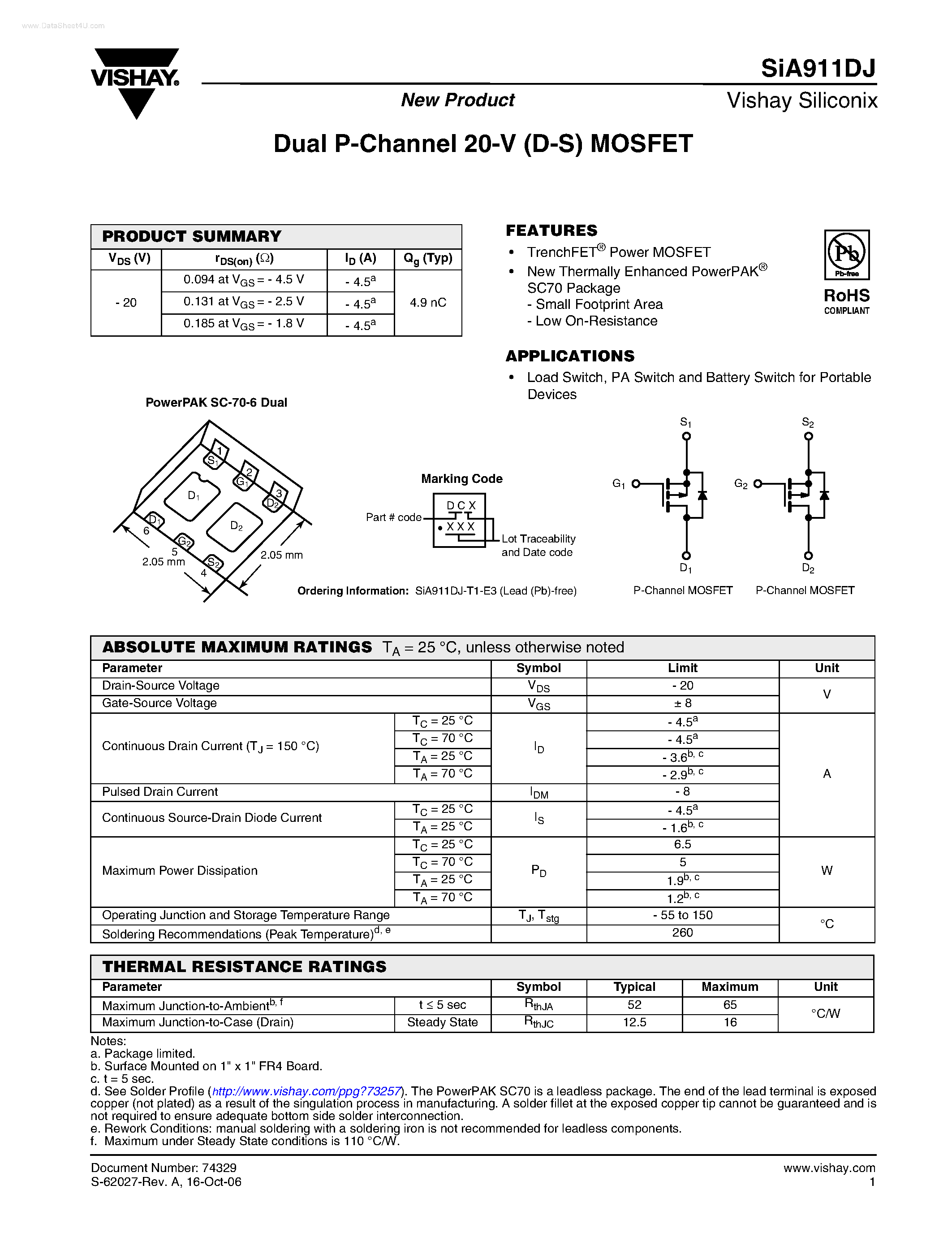 Даташит SIA911DJ - Dual P-Channel MOSFET страница 1