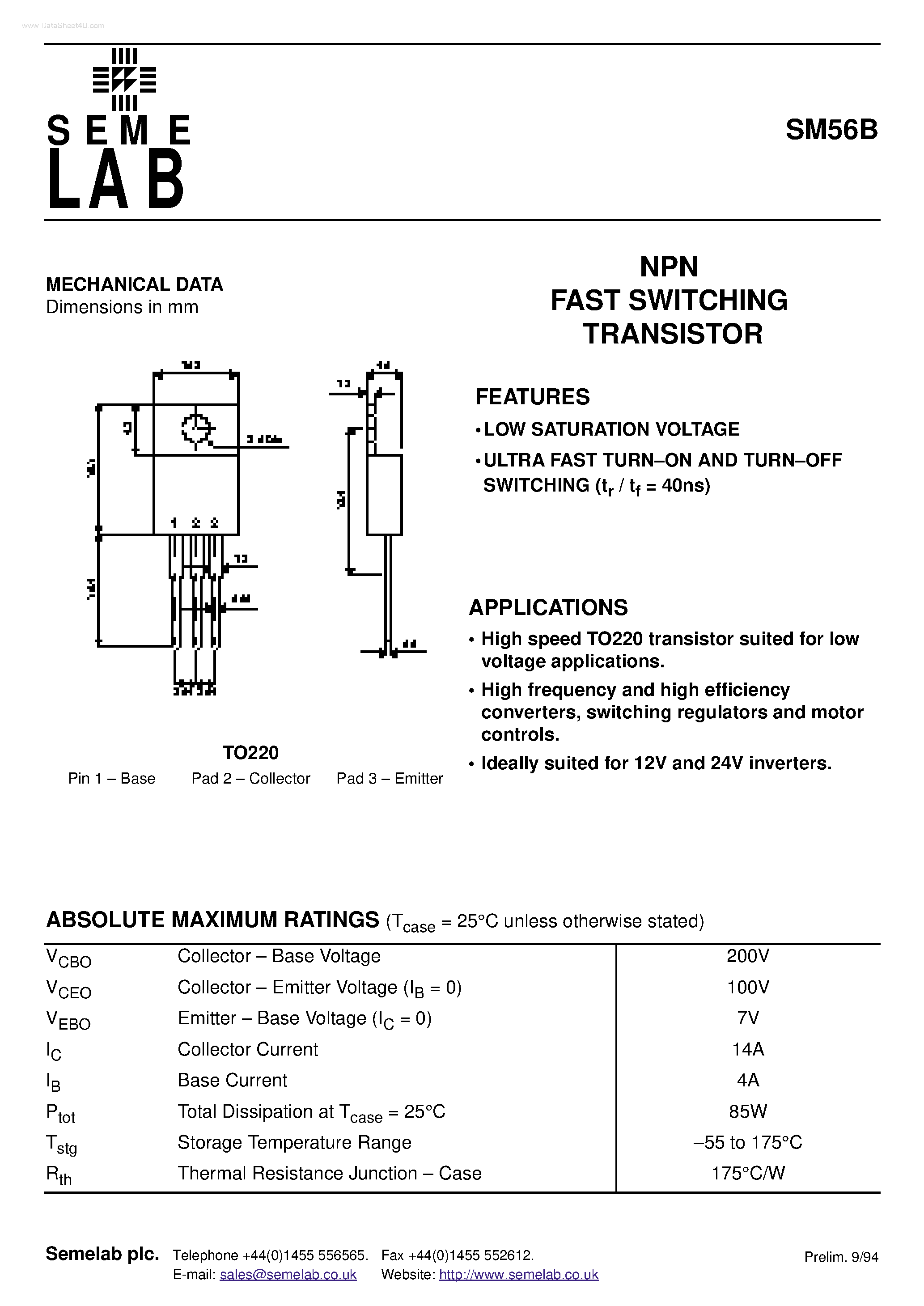 Datasheet SM56B - NPN FAST SWITCHING TRANSISTOR page 1